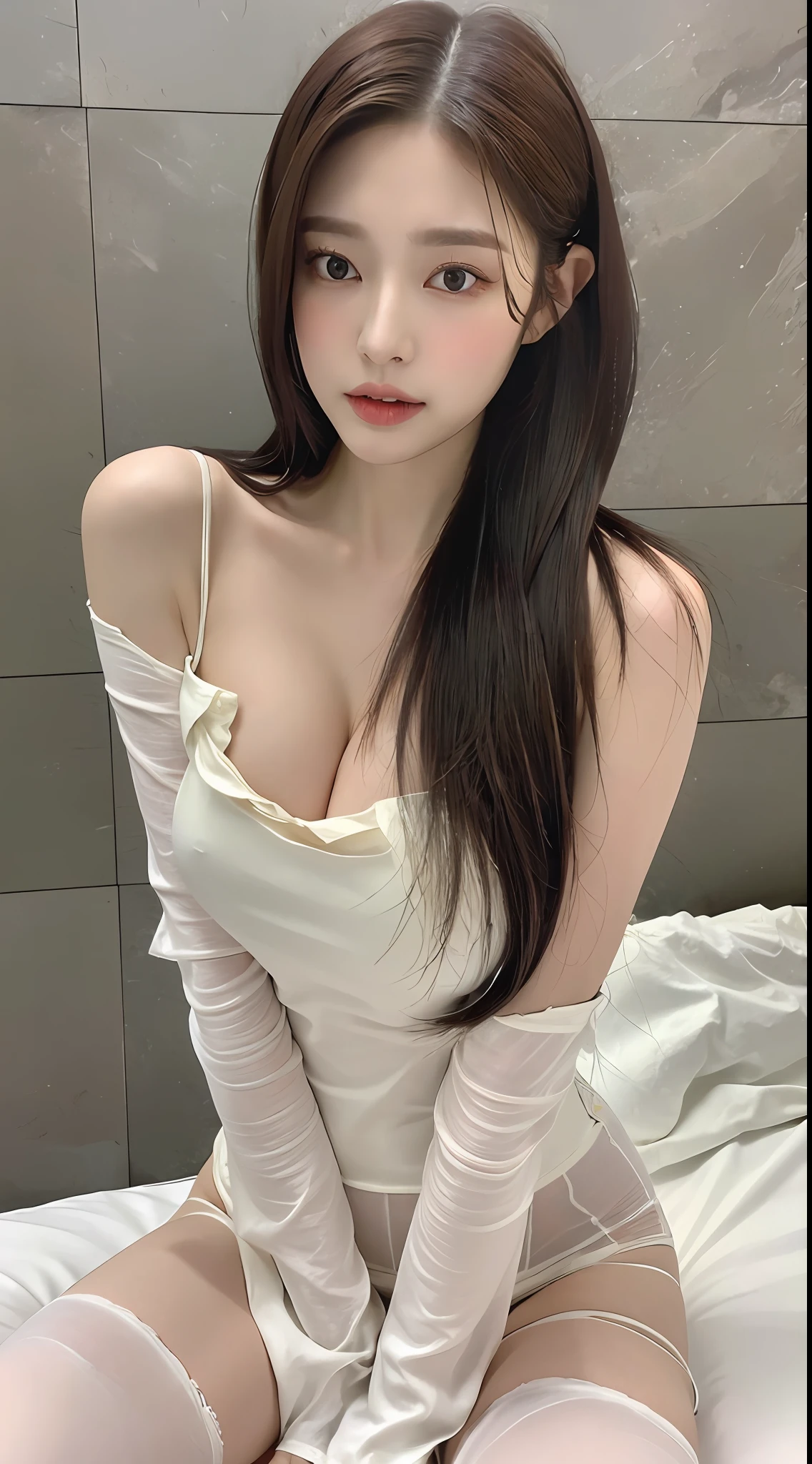 ((Realistic lighting, Best quality, 8K, Masterpiece: 1.3)), Clear focus: 1.2, 1girl, Perfect beauty: 1.4, Slim abs: 1.1, ((long dark brown hair, Big breasts, visible cleavage, aroused face 1.2)), (Torn dress: 1.3, Black full-leg stockings, legs spread: 1.2), (Outdoor, night: 1.1), City streets, ultra-fine face, fine eyes, double eyelids, hands on the head, (lying on the bed full body: 1.2),