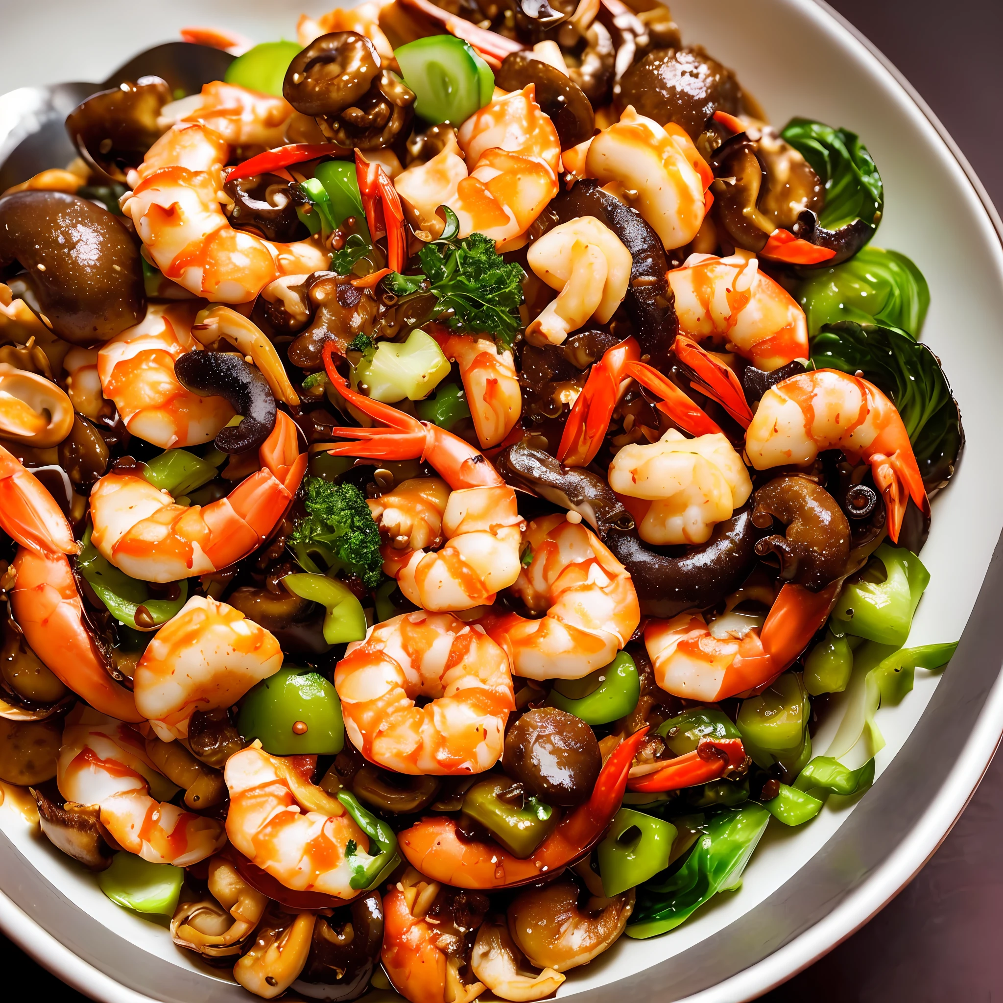 Close-up spicy mix, seafood mushrooms, small octopus, red oil, shrimp, green peppercorns, sixty-sixth century pepper, green vegetables, bok choy, tofu puffs, super realistic food pictures, the complete subject shown in the photo, a spoon is pouring into a bowl Red Oil, Randy Post, hyper realistic ", hyper realistic", high res photo