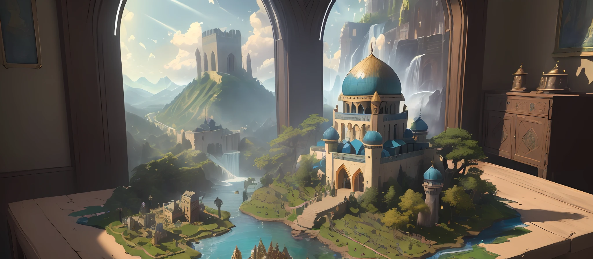 (masterpiece,detailed,highres:1.4)
Cute, beautiful, friendly, medieval
Isometric world, diorama, landscape, strategy game, intricate tiny details, stylized, on a table in front of a window
Fantasy, birds in a waterfall domed mosque ornate altar ruins, runes magic mana , glowing