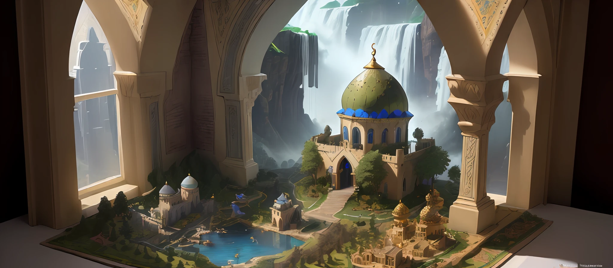 (masterpiece,detailed,highres:1.4)
Cute, beautiful, friendly, medieval
Isometric world, diorama, landscape, strategy game, intricate tiny details, stylized, on a table in front of a window
Fantasy, birds in a waterfall domed mosque ornate altar ruins, runes magic mana , glowing