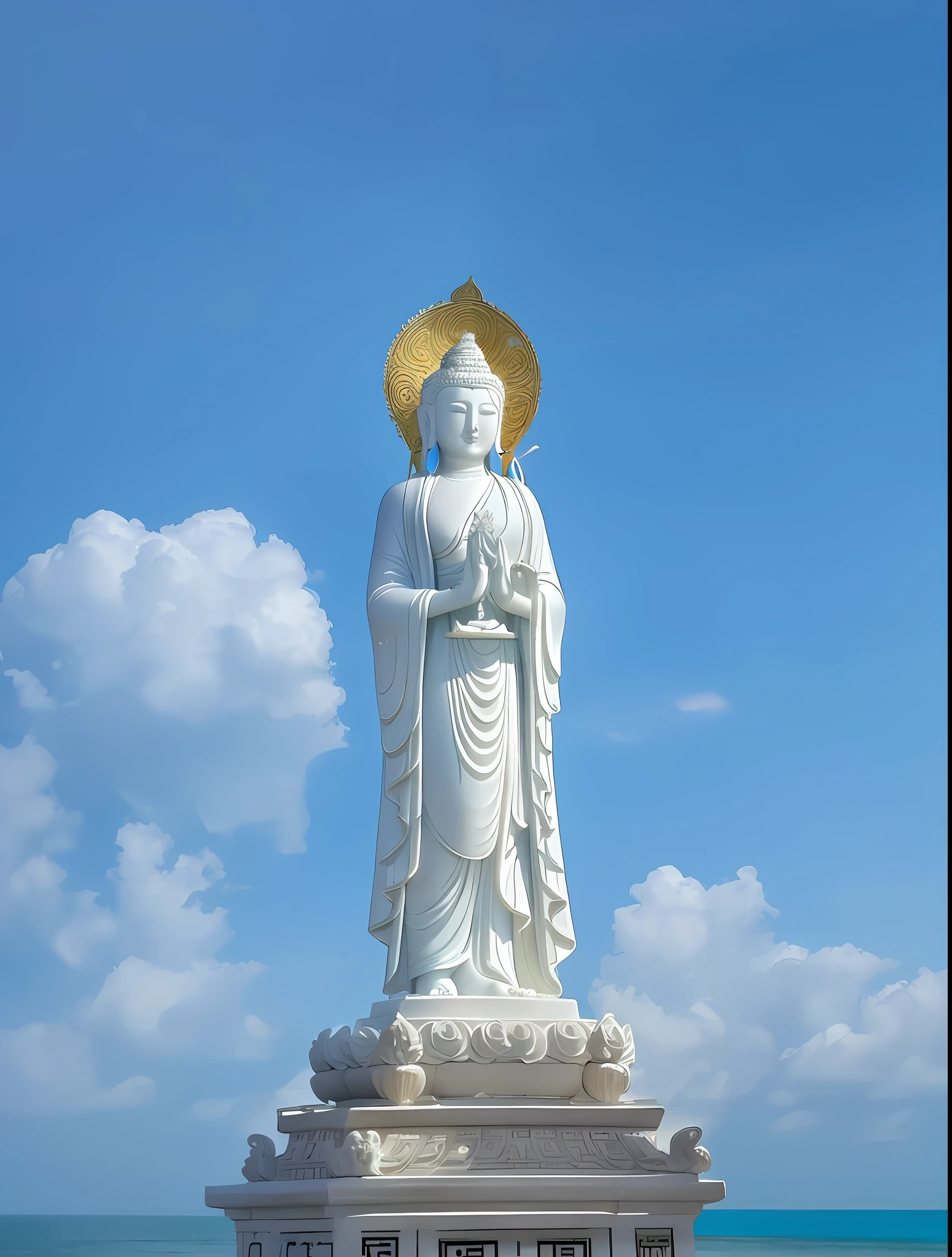 Guanyin Bodhisattva in the South China Sea, huge white statue, white marble, intricate Buddhist motifs, marble background is the sky, colorful clouds, Buddha light, golden light