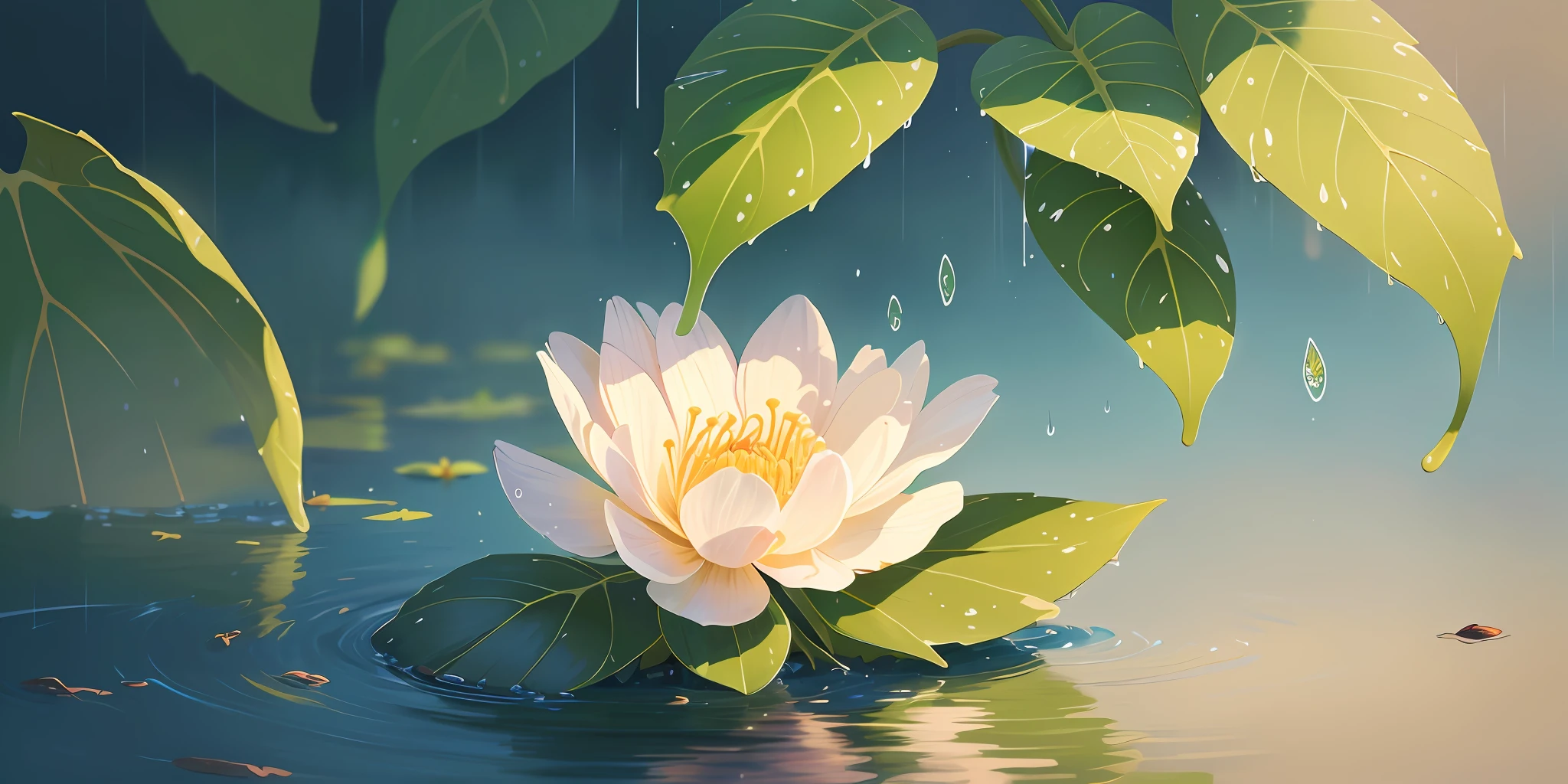 A butterfly delicately perches upon a beautiful flower, bathed in a harsh, linear lighting amidst a gentle rain shower. The image exudes a sense of simplicity and tranquility. The illustrative style takes inspiration from the minimalist works of Georgia O'Keeffe, known for her close-up depictions of nature. The color palette features soft and muted tones, enhancing the serene ambiance. The camera angle captures the intricate details of the butterfly and flower from a close-up perspective, inviting viewers to appreciate the beauty in simplicity.
