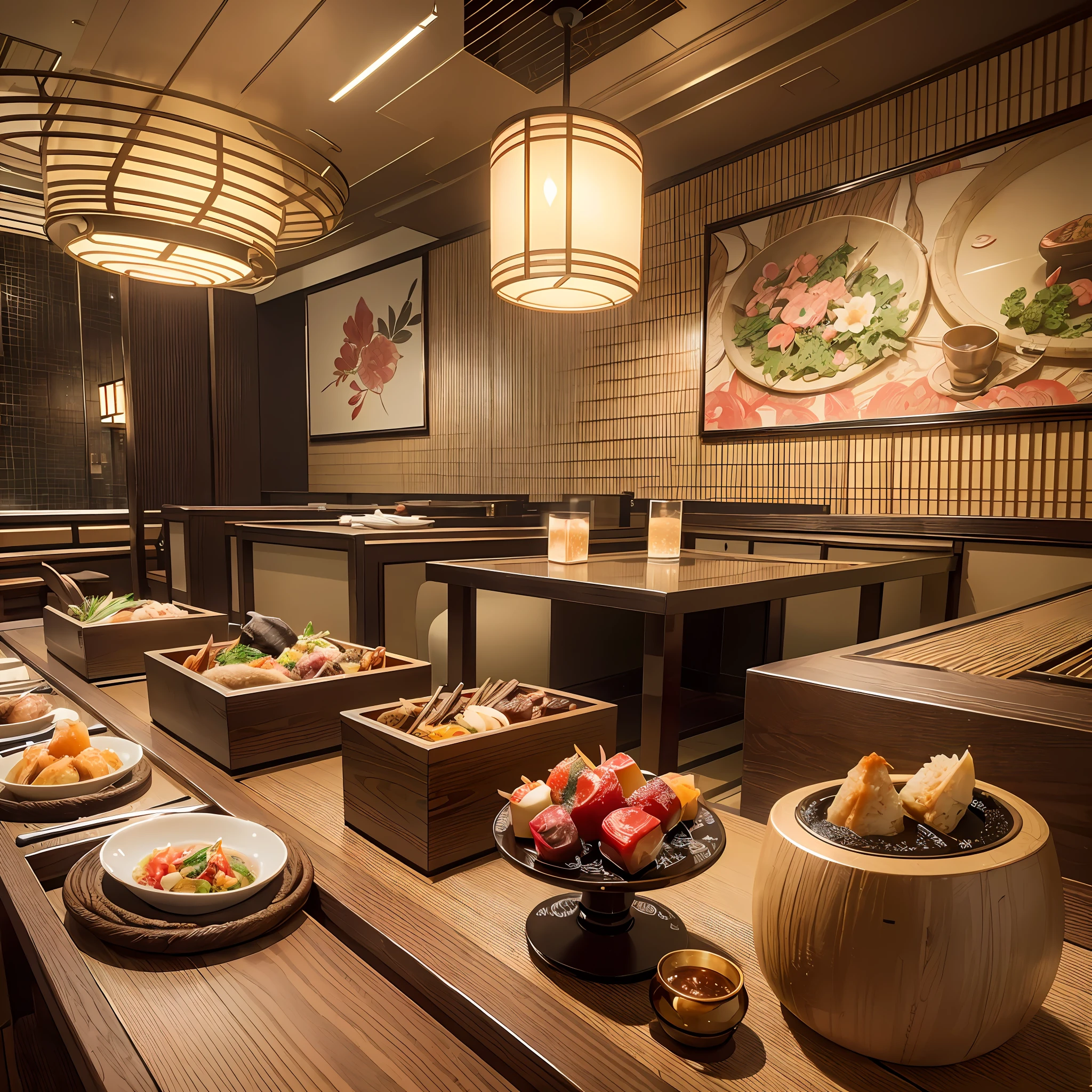 Japanese restaurant, exquisite and rich decoration, the ultimate high-definition 8K wallpaper, highly restorative details set off the gourmet system, colorful and fresh, making people drool.