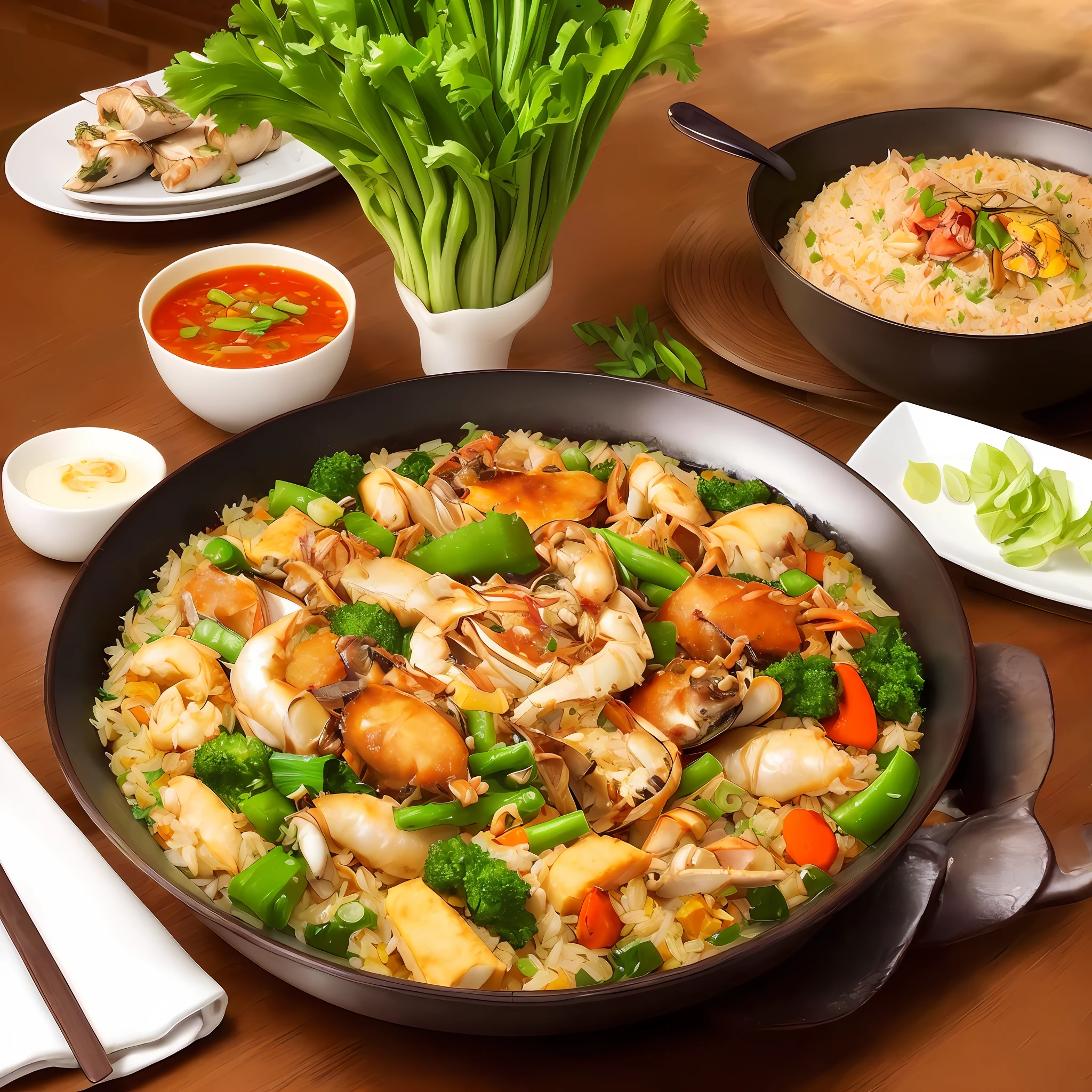 Masterpiece, HD picture, high quality, very rich one-table dishes, there are assorted fried rice, crabs, burritos, roast duck, roasted pigeon, spicy soup pot, greens, green onions, delicious, colorful table dishes,