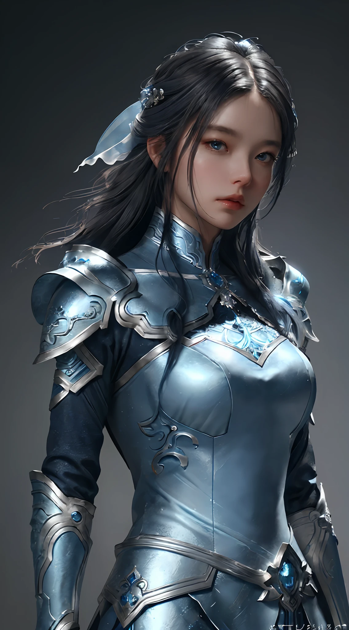 a close up of a woman in a silver and blue dress, chengwei pan on artstation, by Yang J, detailed fantasy art, stunning character art, fanart best artstation, epic exquisite character art, beautiful armor, extremely detailed artgerm, detailed digital anime art, artgerm on artstation pixiv, armor girl