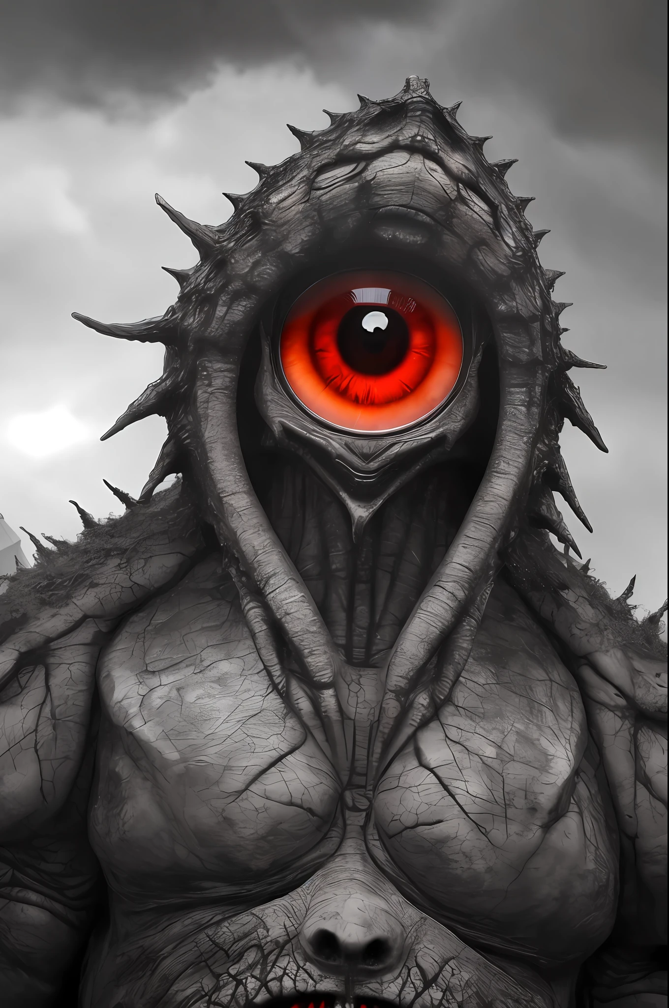 best quality, masterpiece,
a monster, god, holy, fog, big red human eye as background,
elden ring,