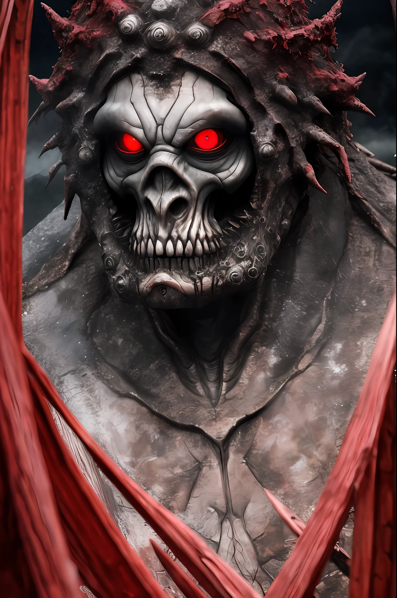 best quality, masterpiece,
a monster, god, holy, fog, big red human eye as background,
elden ring,