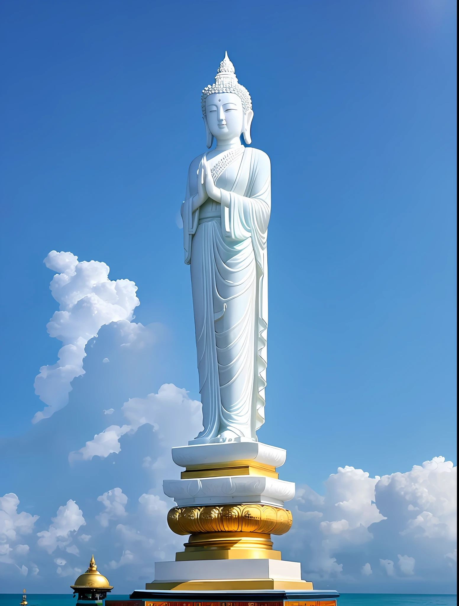 Guanyin Bodhisattva in the South China Sea, huge white statue, white marble, intricate Buddhist motifs, marble background is the sky, colorful clouds, Buddha light, golden light
