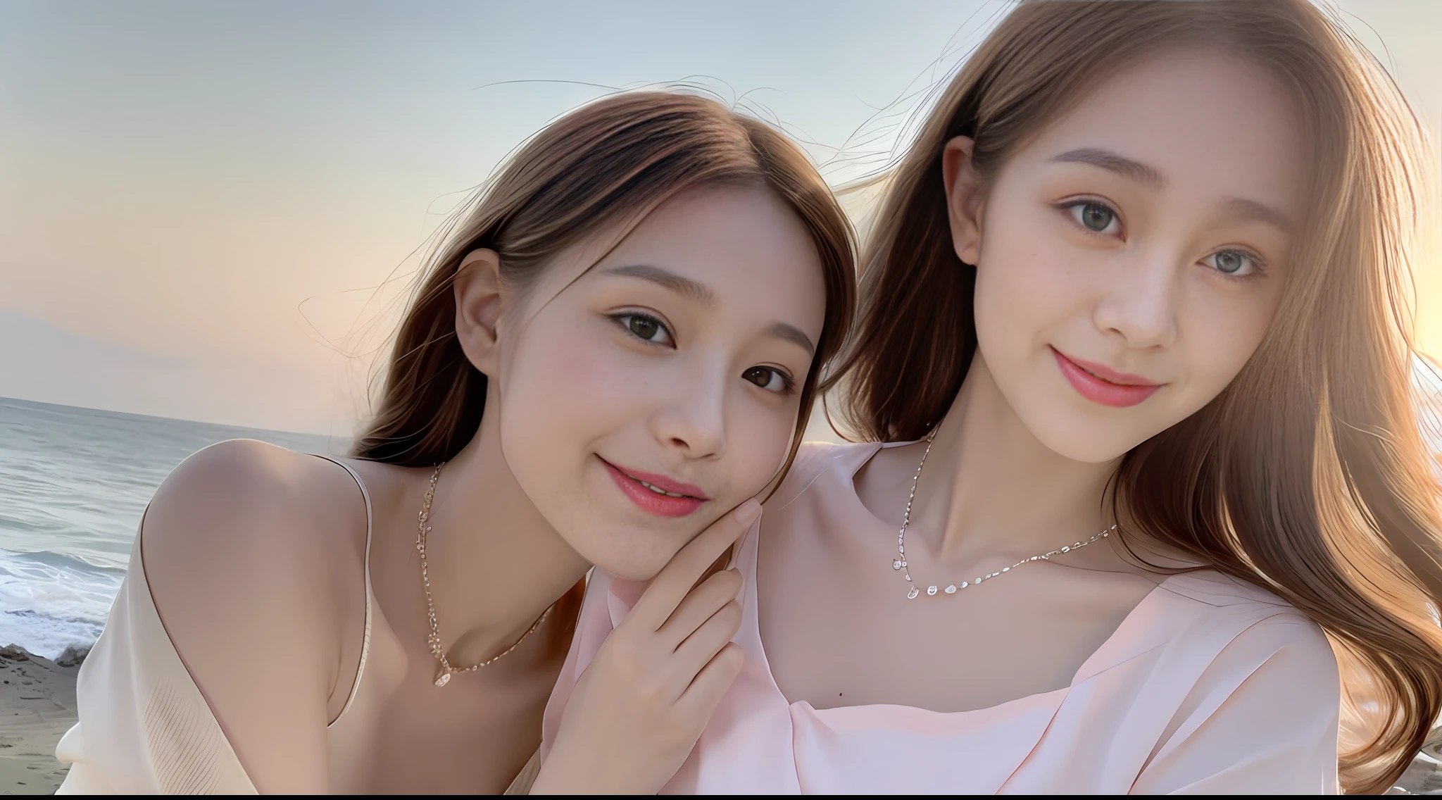 1 girl, masterpiece, top lighting, highlight light, smile, brown delicate and delicate long hair, seaside, pleated skirt, big breasts do not leak, high-definition facial features, 8K, double eyelids, delicate and delicate facial features, whitening skin, necklace skin, necklace