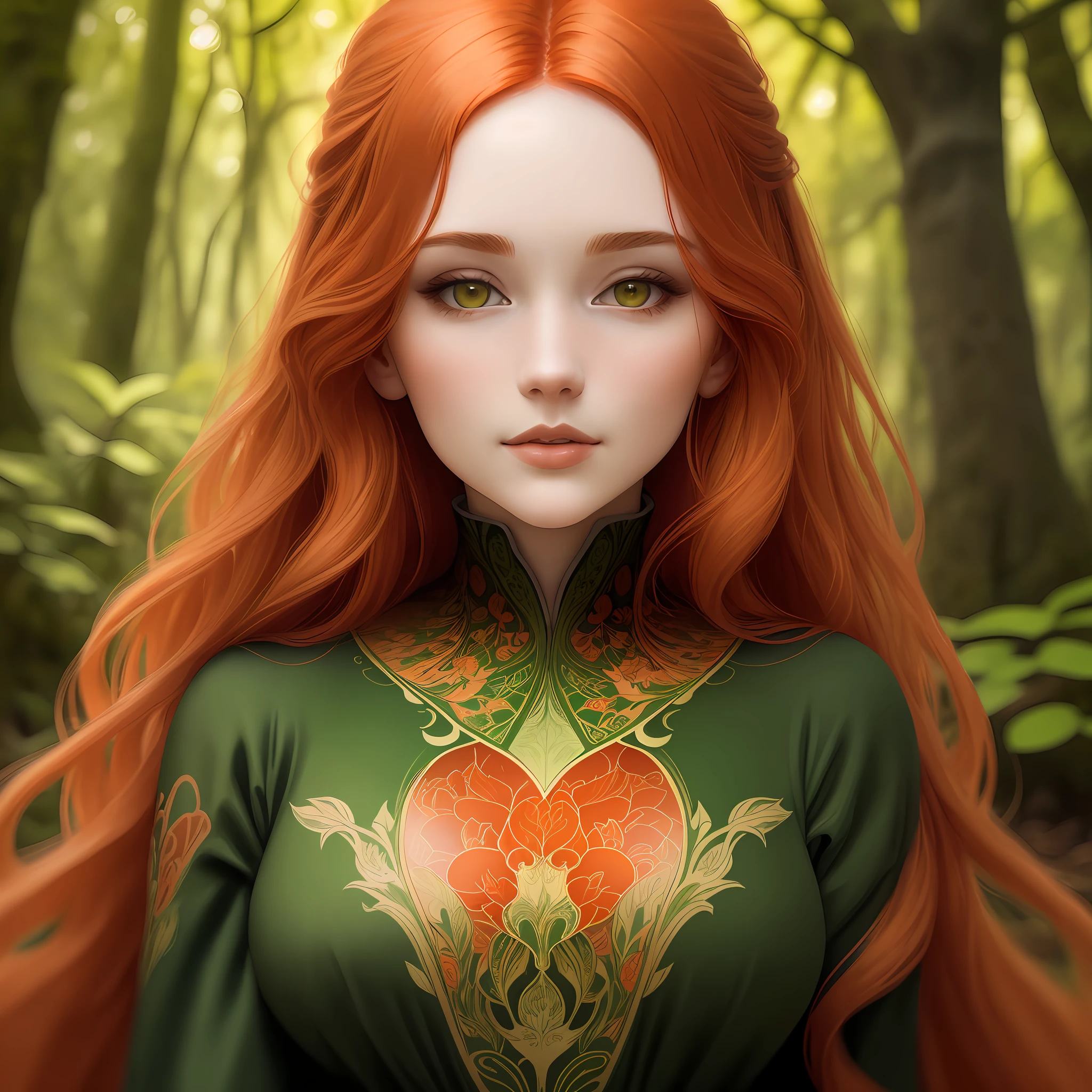 A portrait format showcases a stunning woman with fiery hair, an oval and pale face, set against the backdrop of a lush forest. Her vibrant hair stands out against the serene greenery, creating a captivating contrast. The illustrative style draws inspiration from the ethereal works of Alphonse Mucha, known for his intricate and symbolic art nouveau illustrations. The color palette combines warm tones of red and orange with cool greens, evoking the enchanting beauty of nature. The camera angle captures the woman's striking features in a close-up view, emphasizing her captivating presence amidst the forest's tranquility.