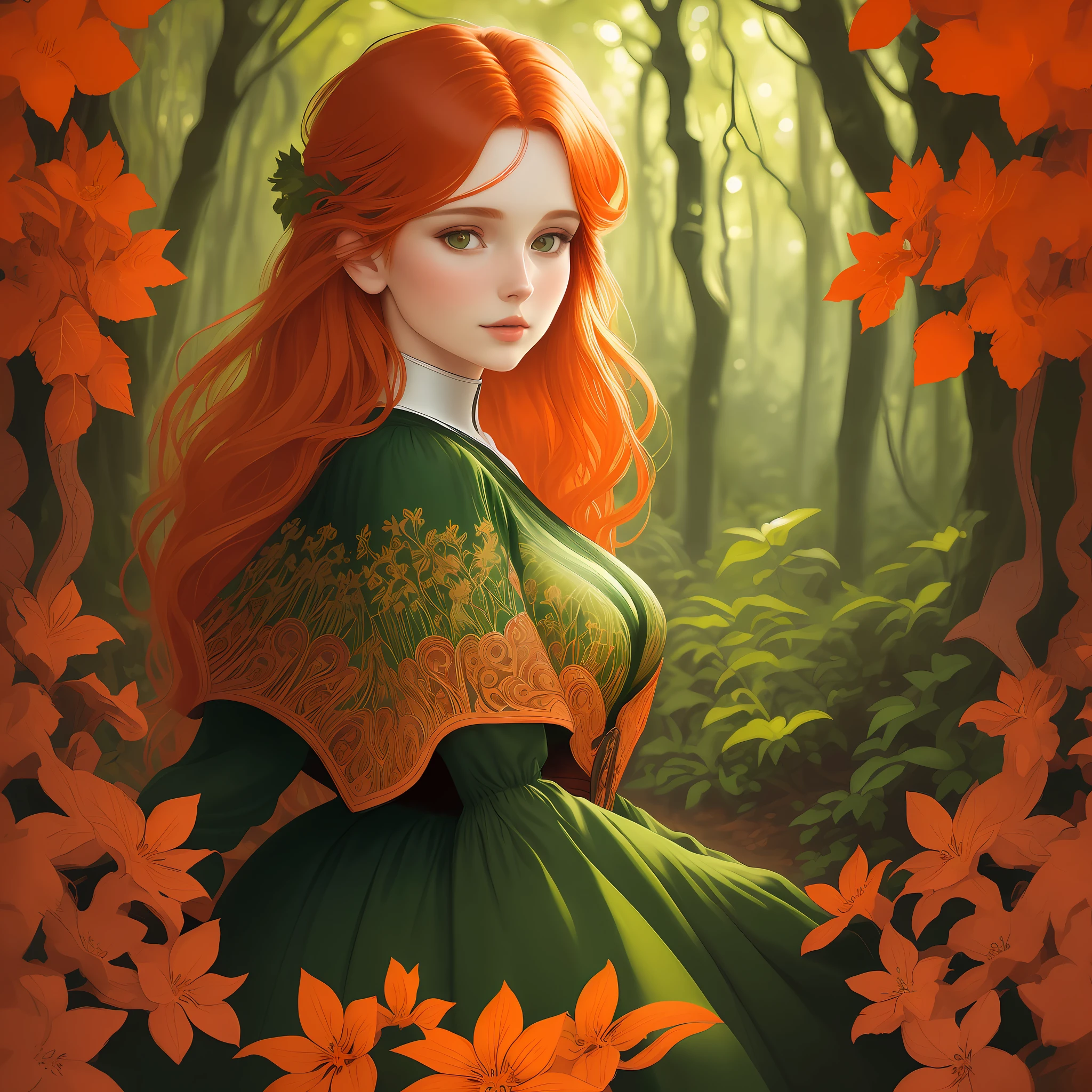 A portrait format showcases a stunning woman with fiery hair, an oval and pale face, set against the backdrop of a lush forest. Her vibrant hair stands out against the serene greenery, creating a captivating contrast. The illustrative style draws inspiration from the ethereal works of Alphonse Mucha, known for his intricate and symbolic art nouveau illustrations. The color palette combines warm tones of red and orange with cool greens, evoking the enchanting beauty of nature. The camera angle captures the woman's striking features in a close-up view, emphasizing her captivating presence amidst the forest's tranquility.