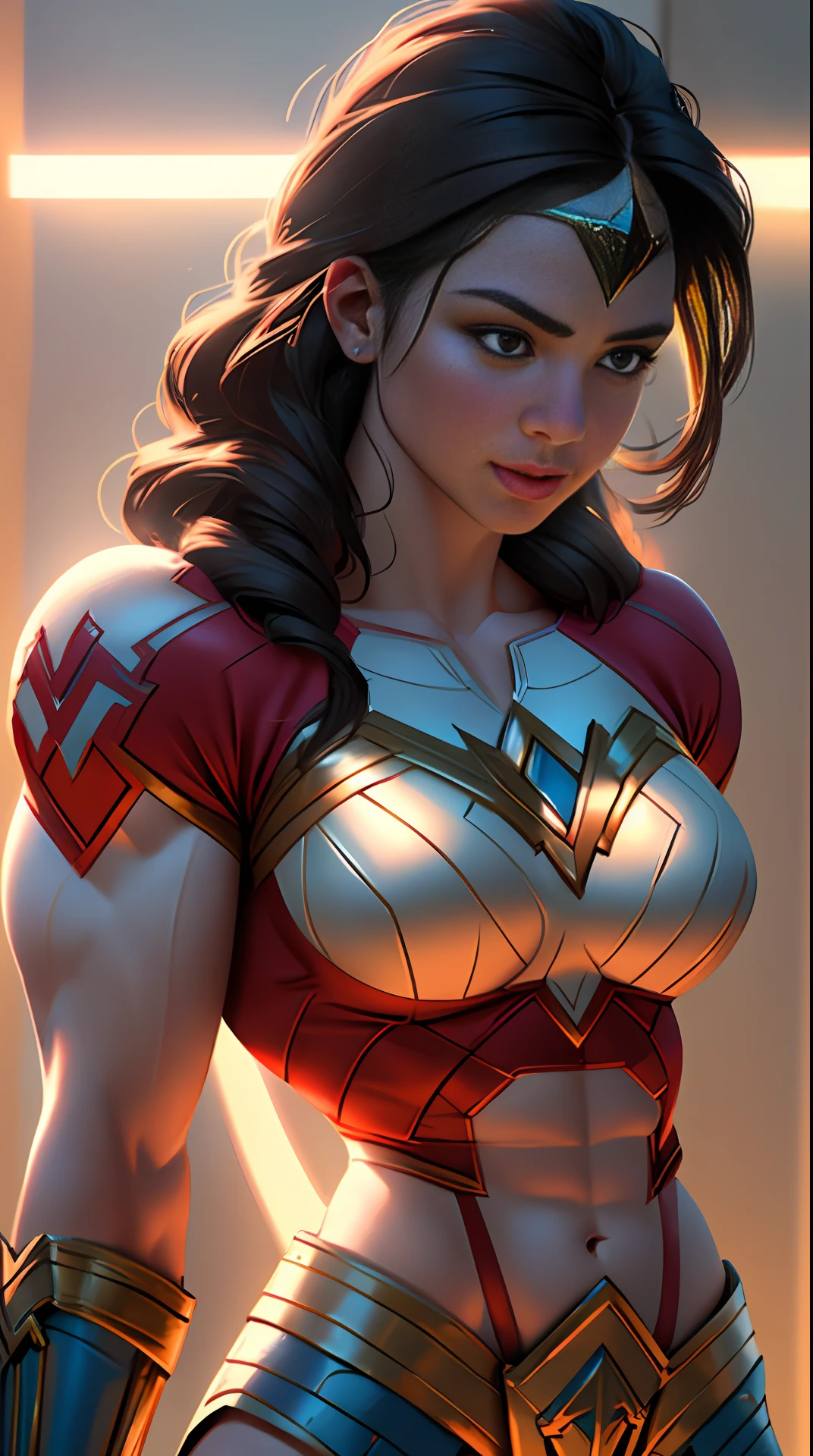 Cinematic soft lighting illuminates a stunningly detailed and ultra-realistic Wonder Woman bodybuilder, muscular, super strong, red and blue armor, that is trending on ArtStation. Octane is the perfect tool to capture the softest details of this 16k photography masterpiece