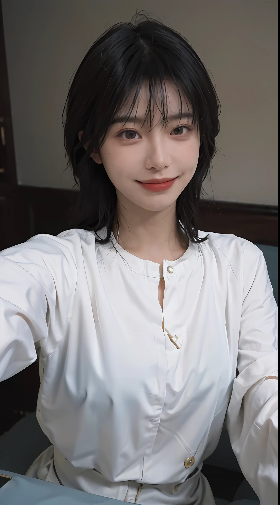 8K, Best Quality, Masterpiece, Ultra High Resolution, (Realism: 1.4), Original Photo, (Realistic Skin Texture: 1.3), (Film Grain: 1.3), (Selfie Angle), 1 Girl, Beautiful Eyes and Face Details, Masterpiece, Best Quality, Close-up, Upper Body, Looking at the Viewer, (Smile: 1.5)