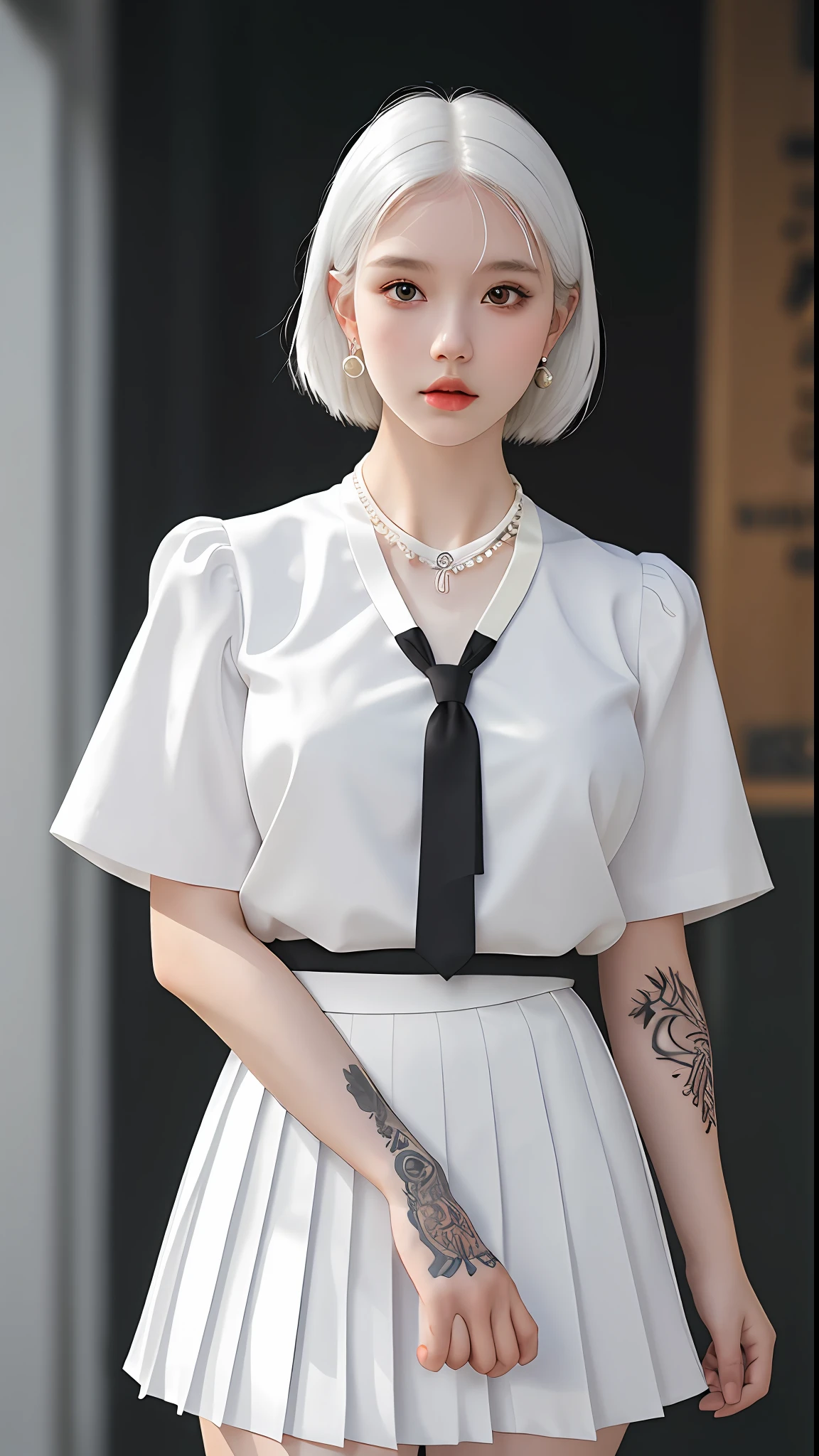 Large aperture f1.2, blurred, blurred background, masterpiece, 1 girl, waist up, gloomy expression, shiny skin, best quality, (realistic: 1.4), school uniform, white pleated skirt, black pantyhose, background blur, focal length on person, (large aperture: 1.2), white hair, short hair, necklace, earrings, tattoo, night, bar