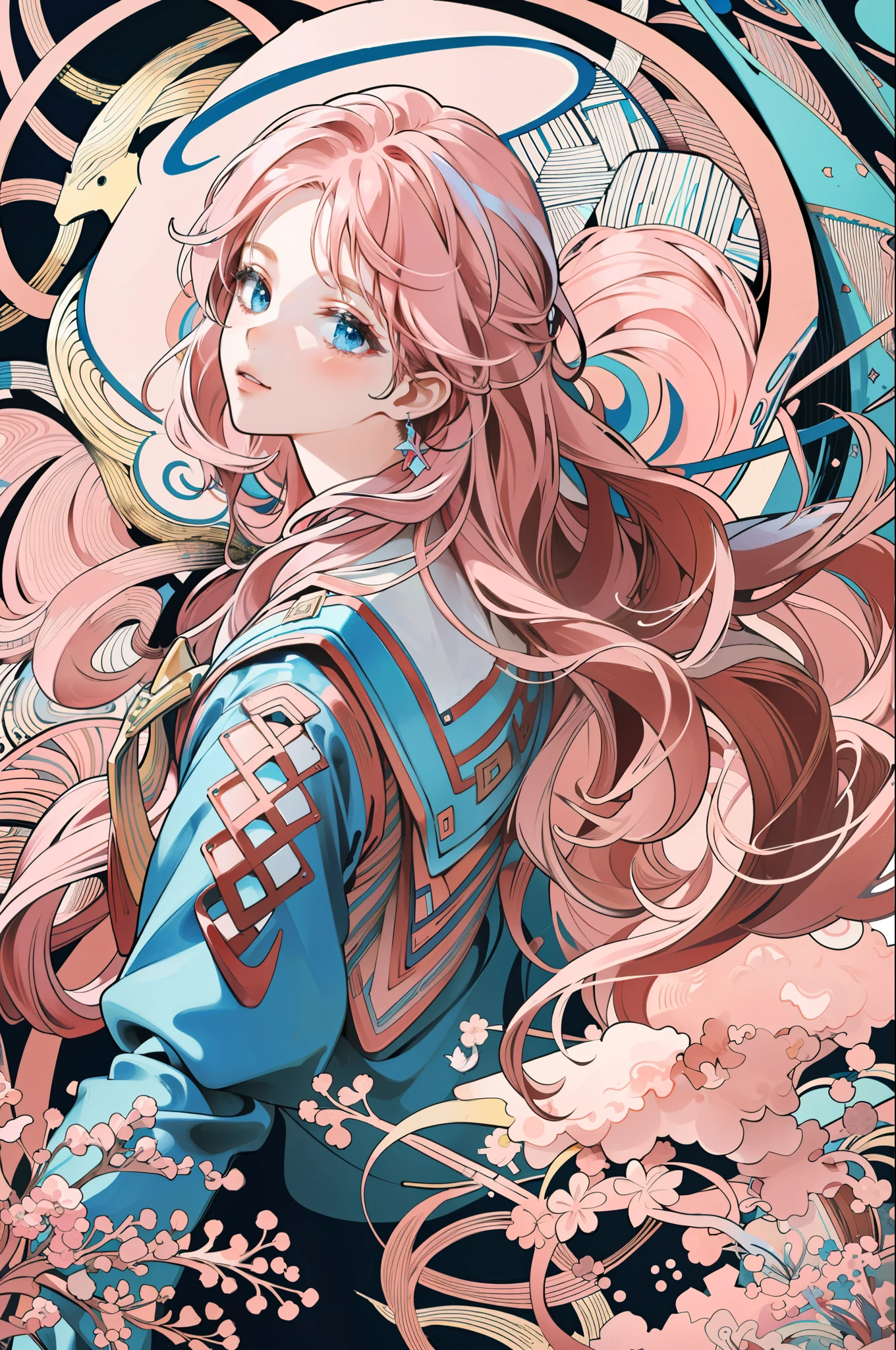 ((masterpiece:1.2, best quality)), ultra detailed, Ultra-precise depiction, Ultra-detailed depiction, (zentangle:1.2), (dynamic pose), (abstract background:1.5), wavy long hair, pink hair, 1girl, colorful, portrait, (from above:1.2)