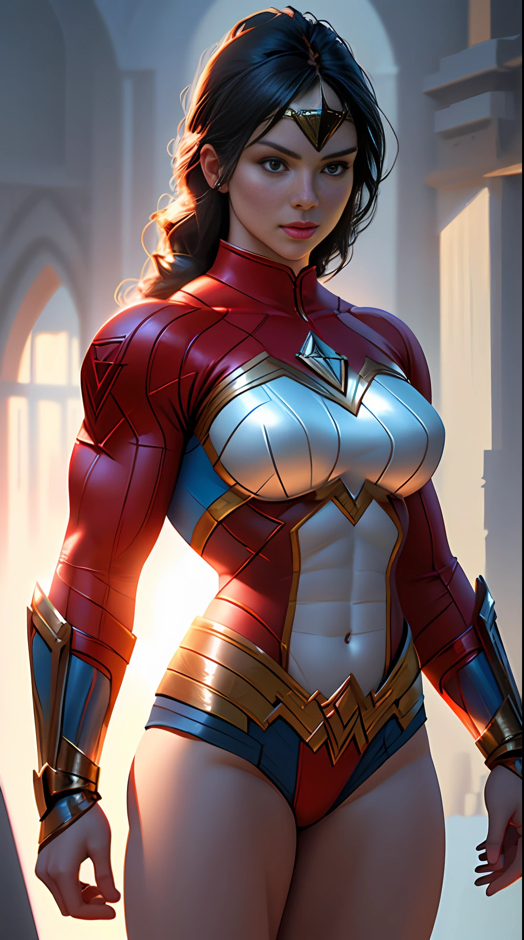 Cinematic soft lighting illuminates a stunningly detailed and ultra-realistic Wonder Woman bodybuilder, muscular, super strong, red and blue armor, that is trending on ArtStation. Octane is the perfect tool to capture the softest details of this 16k photography masterpiece