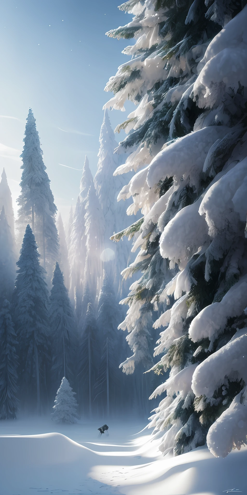 Masterpiece, best quality, high quality, very detailed CG unified 8k wallpaper, taiga, silence, towering conifers, covered forest floor, harsh climate, peaceful beauty, snow, winter, mild summer, breeze, needles, branches, bokeh, depth field, HDR, bloom, chromatic aberration, realism, very detailed, trends on artstation, trends on CGsociety, intricacies, high detail, drama, midjourney art
