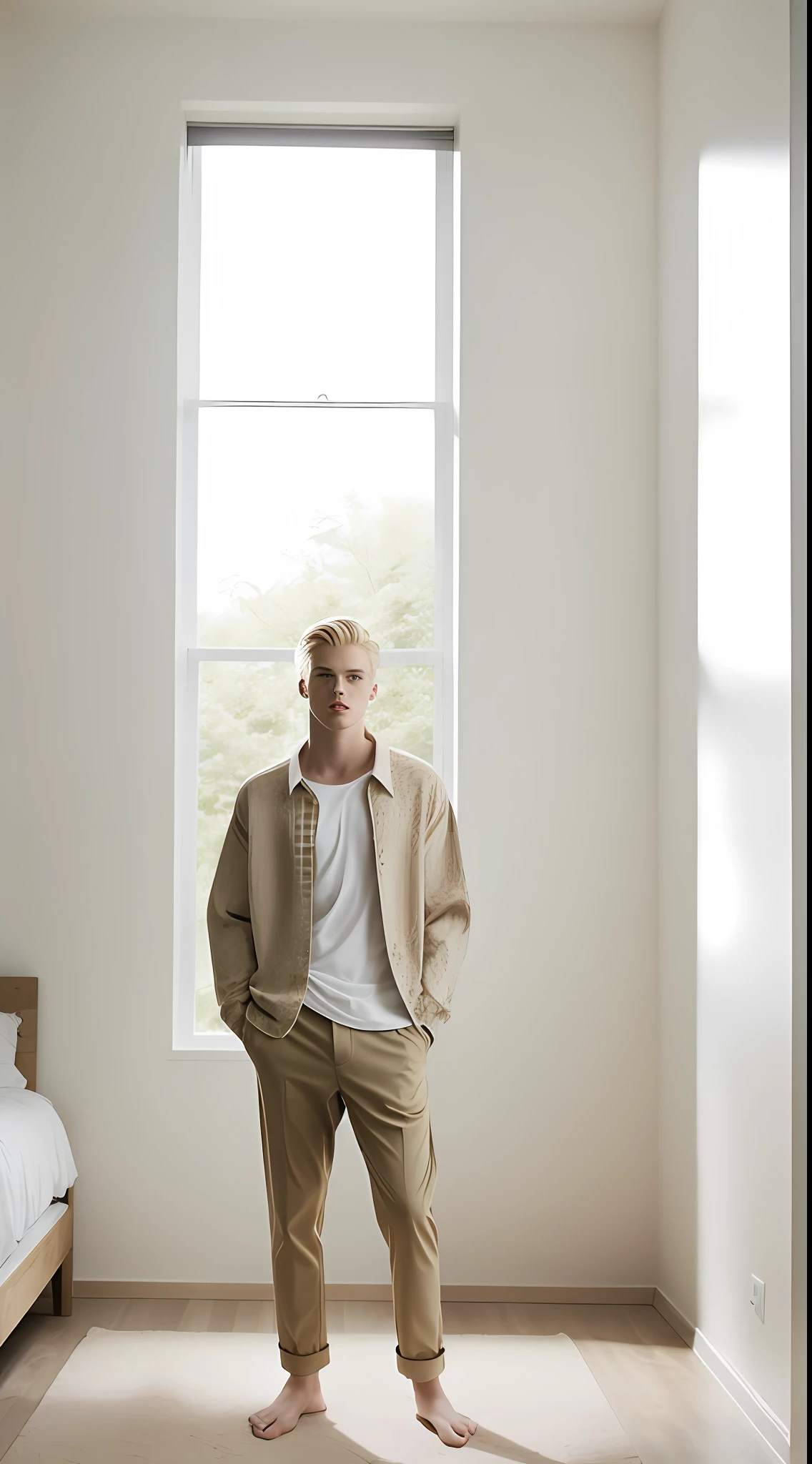 Fashion photo essay, with blonde male model, room with natural light, comfortable clothes
