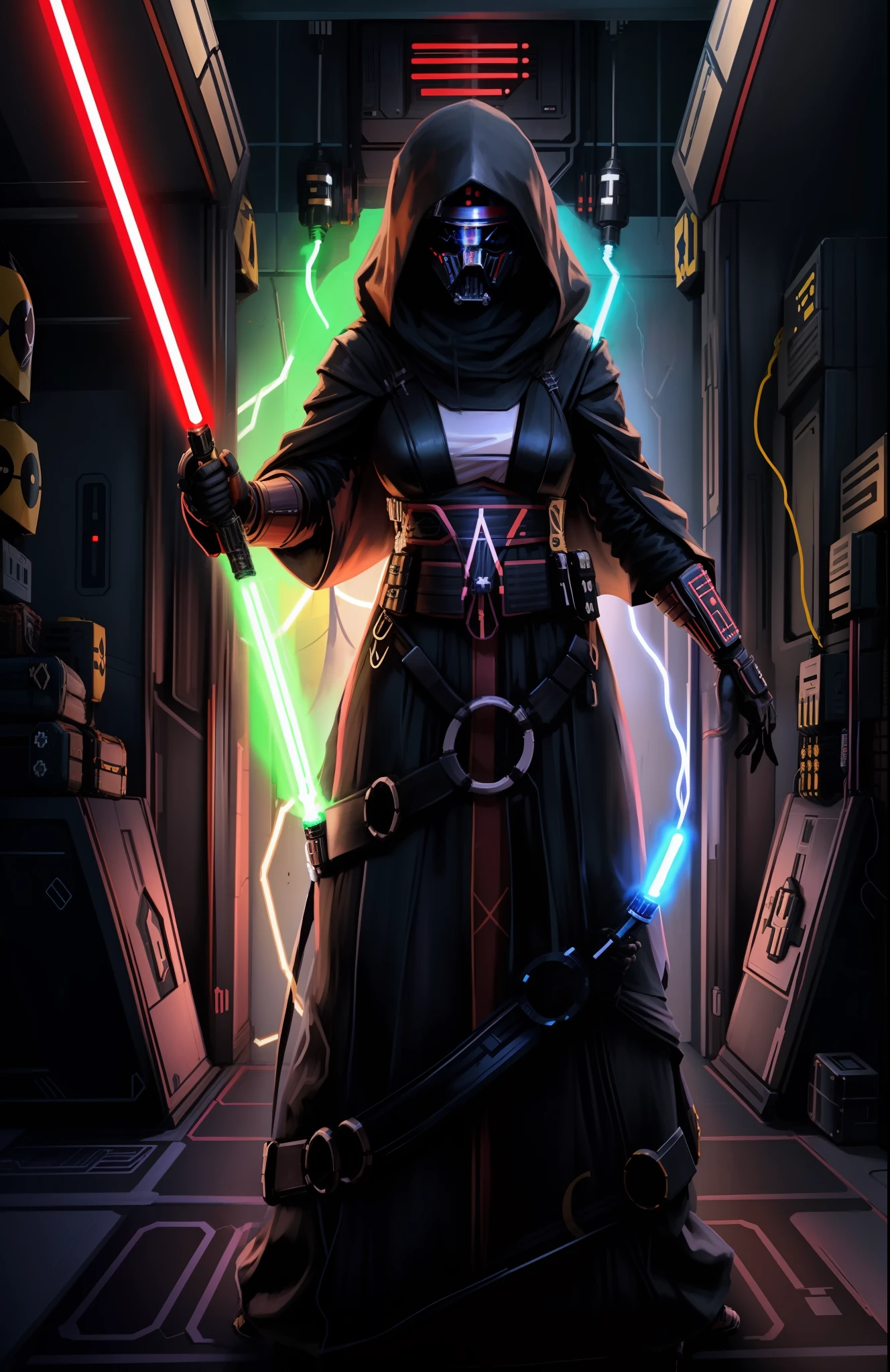 1girl, cowboy shot, Revan Raiment, black robes, star wars, standing, mask,
detailed background, lightsaber,pikachu pet