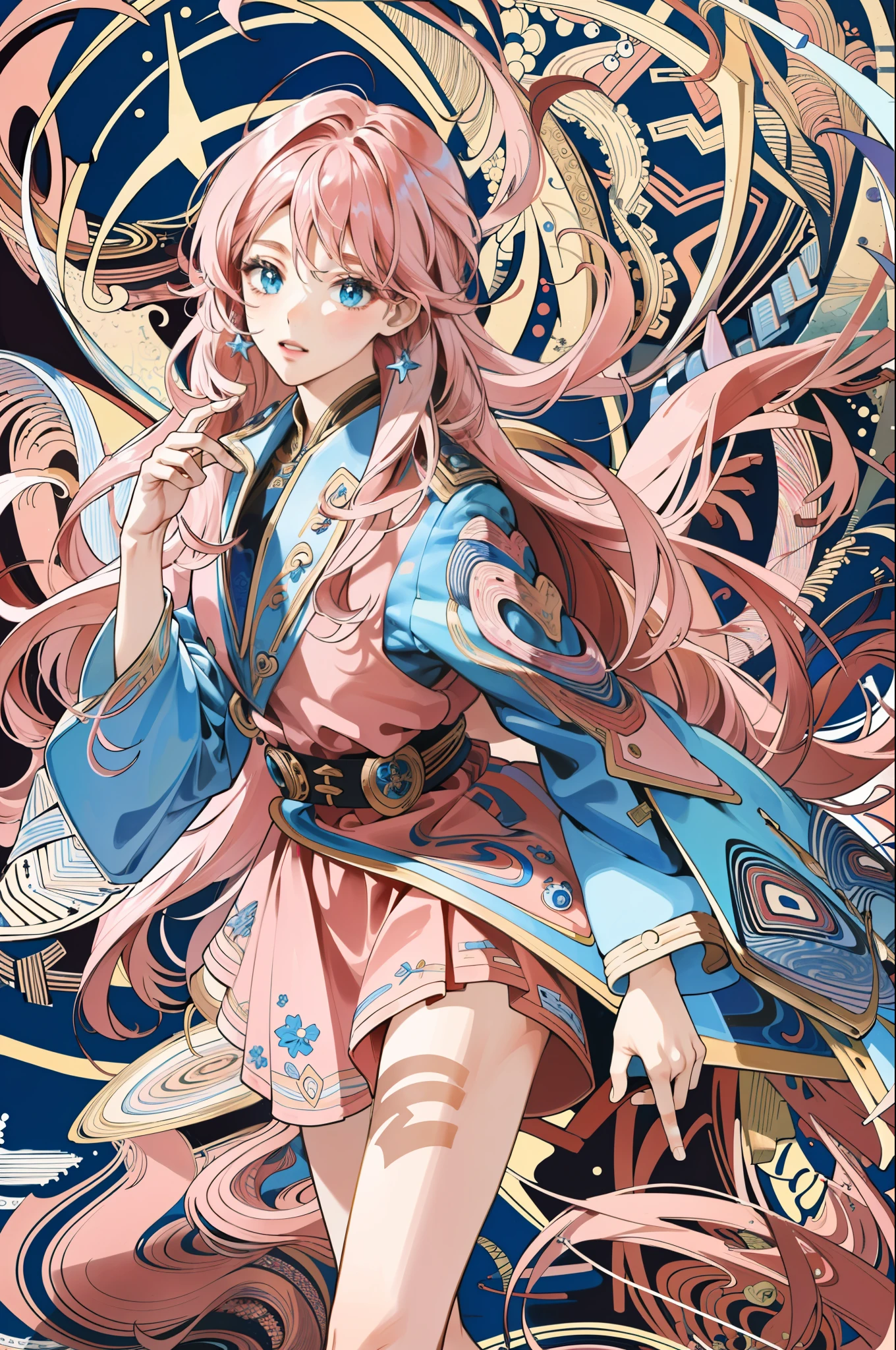 ((masterpiece:1.2, best quality)), ultra detailed, Ultra-precise depiction, Ultra-detailed depiction, (zentangle:1.2), (dynamic pose), (abstract background:1.5), wavy long hair, pink hair, 1girl, colorful, portrait, (from above:1.2)