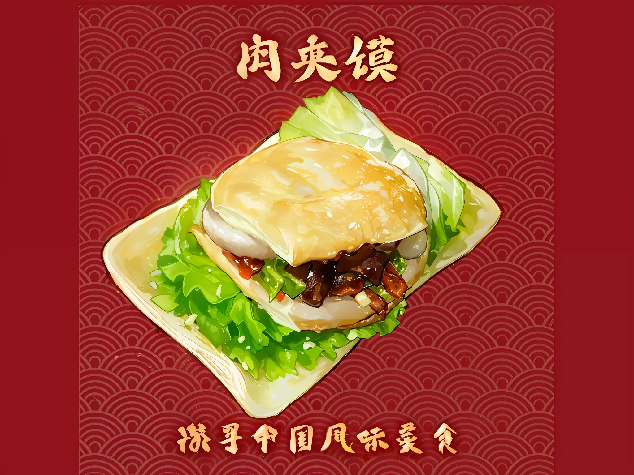 there is a sandwich with lettuce and meat on a plate, in style of pan ren wei, bao pnan, daopao, luscious patty with sesame seeds, sichuan, nanquan, voluptuous sesame seed bun, 千 葉 雄 大, 王琛, 💣 💥, 💣 💥💣 💥, qiangshu