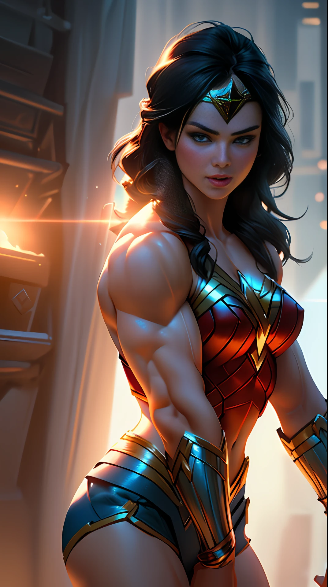 Cinematic soft lighting illuminates a stunningly detailed and ultra-realistic Wonder Woman bodybuilder, muscular, super strong, that is trending on ArtStation. Octane is the perfect tool to capture the softest details of this 16k photography masterpiece