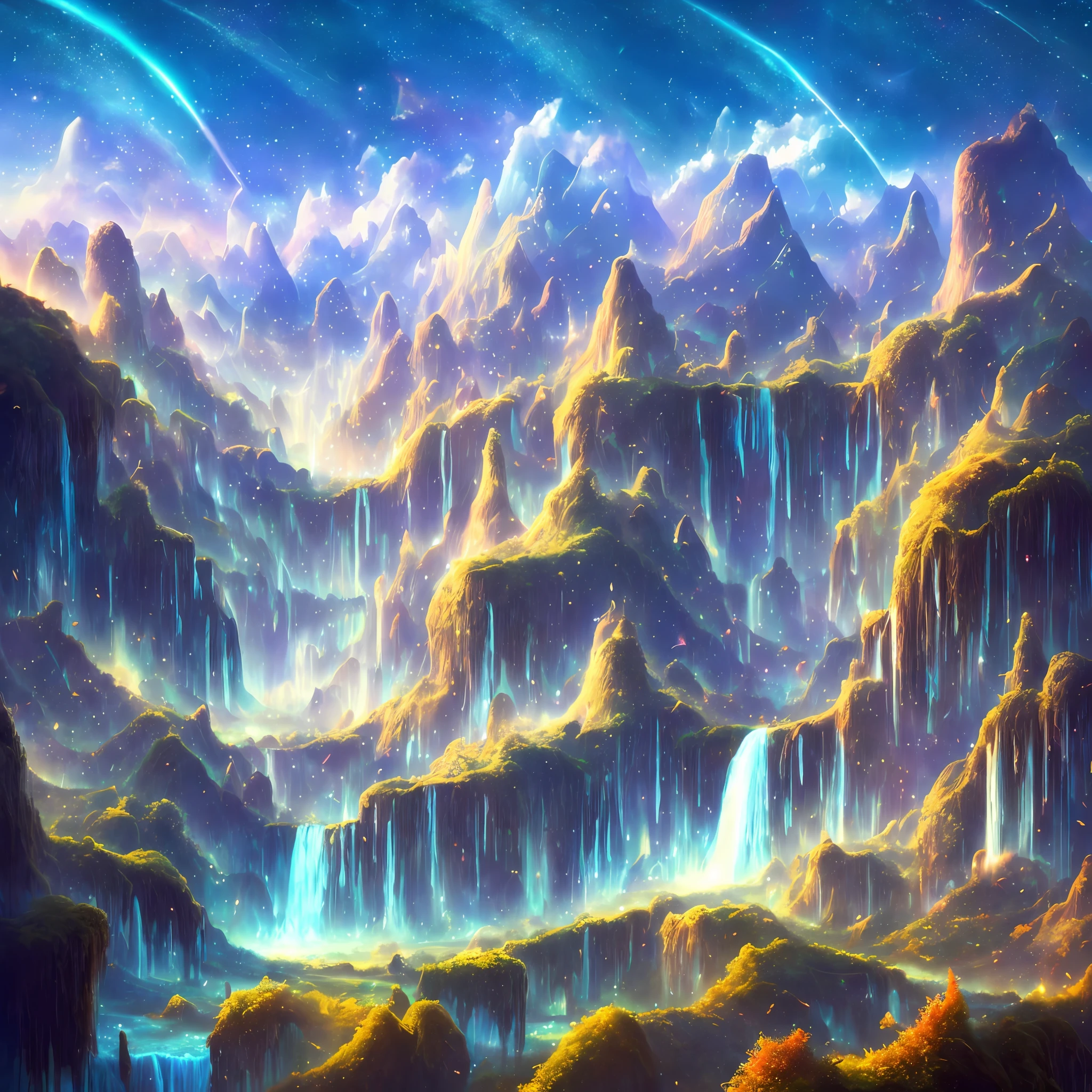 A vast and mystical landscape. This is a world that was once full of swirling colors, floating islands, and majestic creatures. Luminous plants, graceful cascading crystal waterfalls, and skies filled with sparkling stars,