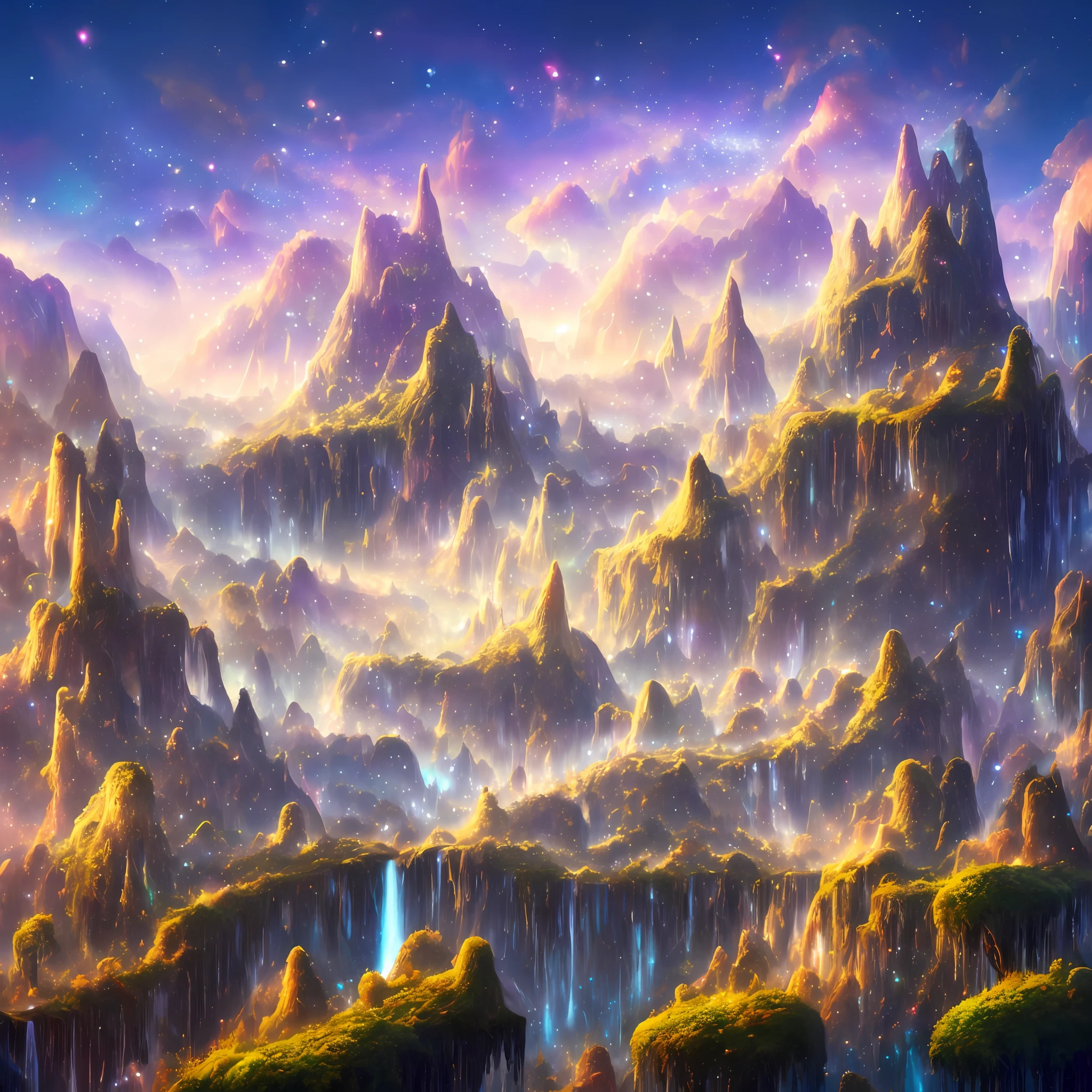 A vast and mystical landscape. This is a world that was once full of swirling colors, floating islands, and majestic creatures. Luminous plants, graceful cascading crystal waterfalls, and skies filled with sparkling stars,