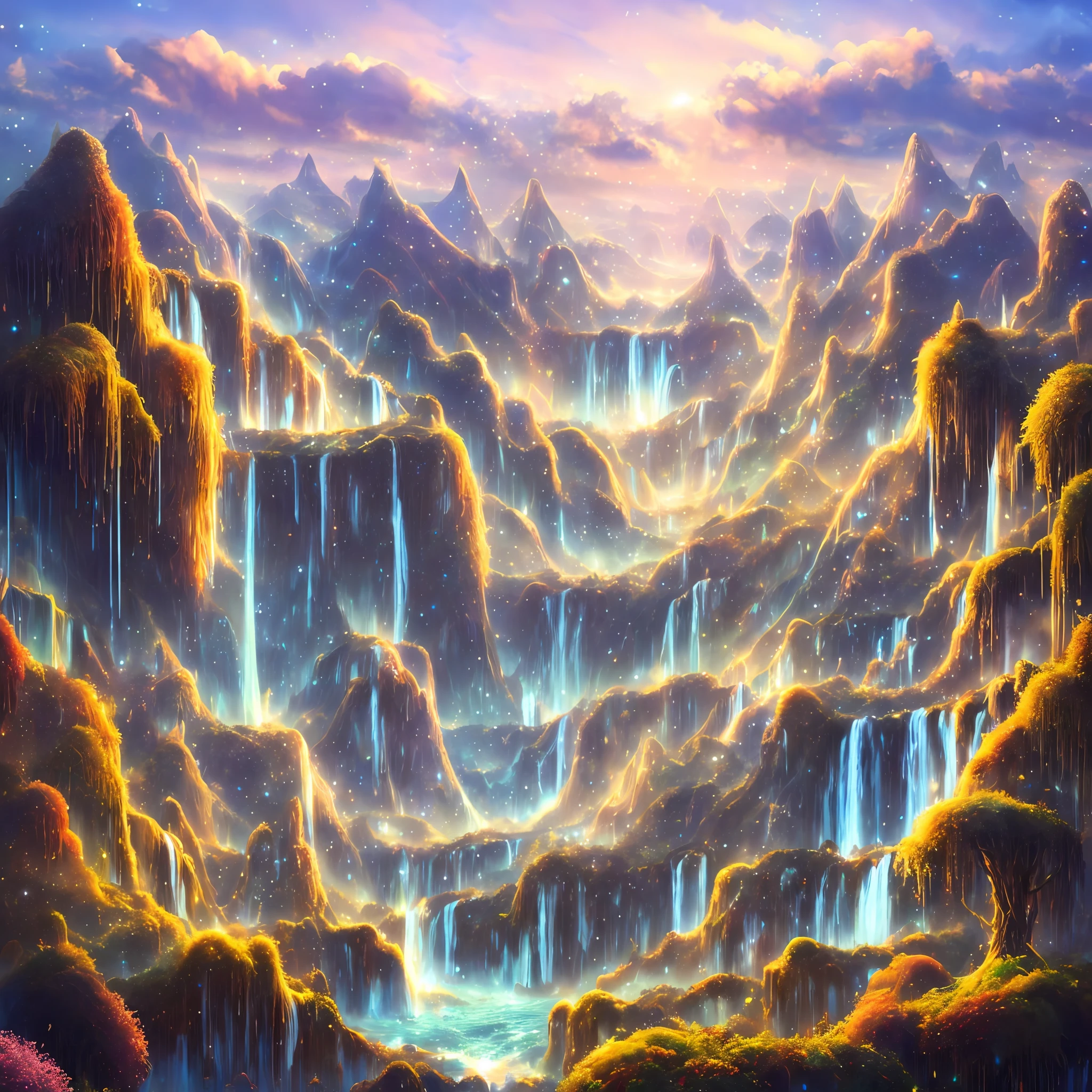 A vast and mystical landscape. This is a world that was once full of swirling colors, floating islands, and majestic creatures. Luminous plants, graceful cascading crystal waterfalls, and skies filled with sparkling stars,