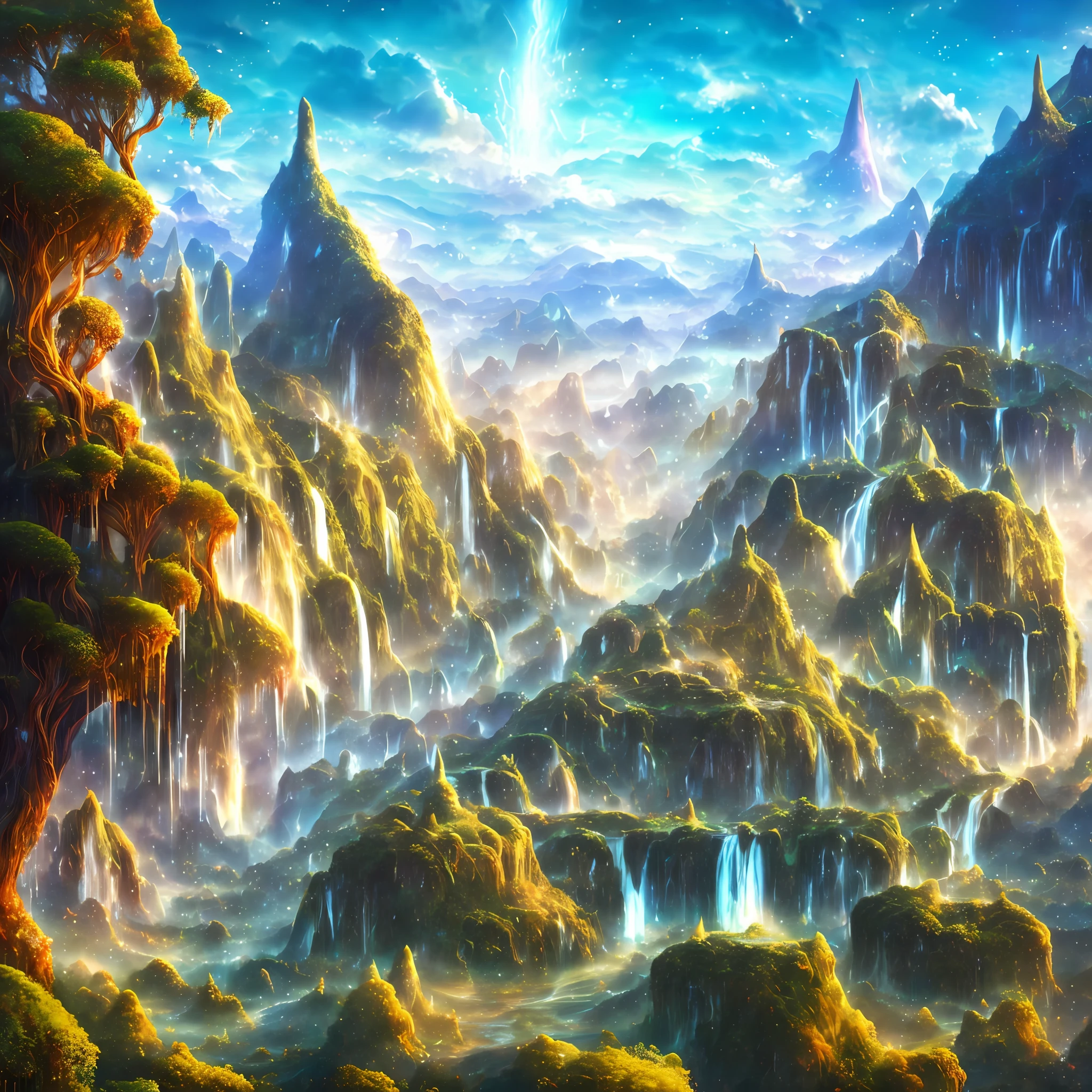 A vast and mystical landscape. This is a world that was once full of swirling colors, floating islands, and majestic creatures. Luminous plants, graceful cascading crystal waterfalls, and skies filled with sparkling stars,