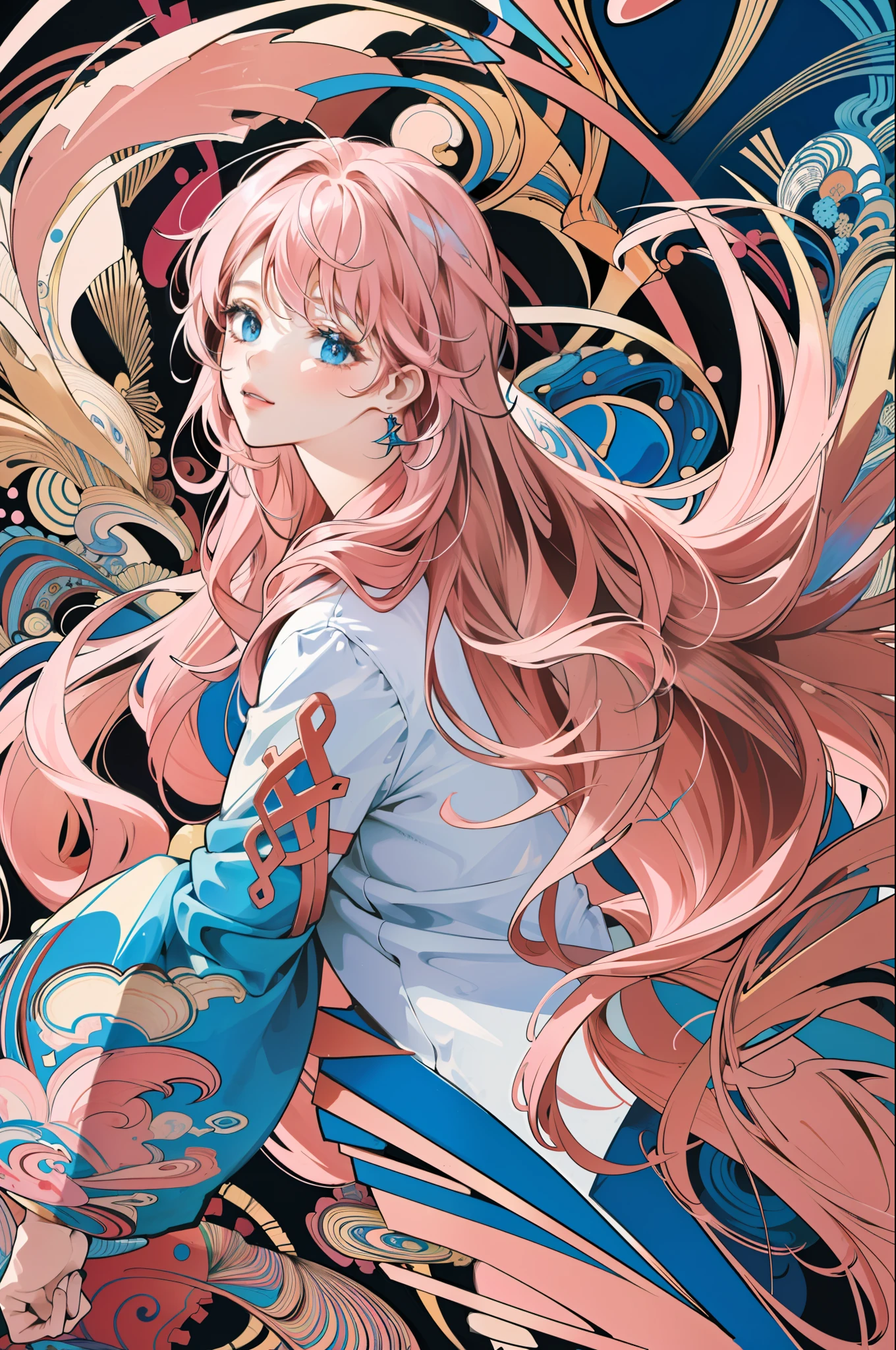 ((masterpiece:1.2, best quality)), ultra detailed, Ultra-precise depiction, Ultra-detailed depiction, (zentangle:1.2), (dynamic pose), (abstract background:1.5), wavy long hair, pink hair, 1girl, colorful, portrait, (from above:1.2)