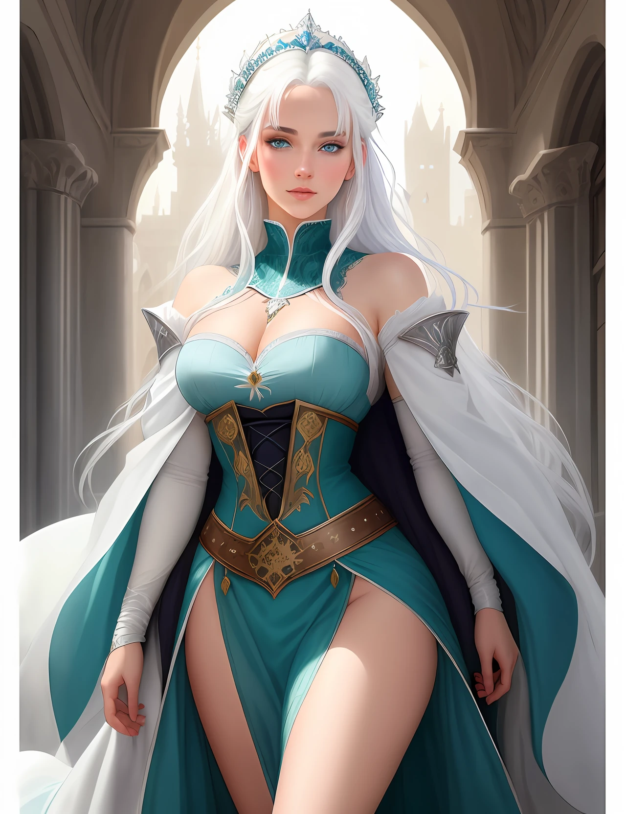 A young woman with white hair and heterochromia enchants in medieval attire. Her eyes, one a captivating blue and the other a mesmerizing green, add a touch of mystery to her ethereal beauty. The illustrative style takes inspiration from the detailed and richly textured works of Boris Vallejo, known for his fantasy art. The color palette combines soft whites and grays with vibrant pops of color, enhancing the visual impact. The camera angle captures the young woman in a regal and confident pose, showcasing her connection to both the medieval era and her unique characteristics.