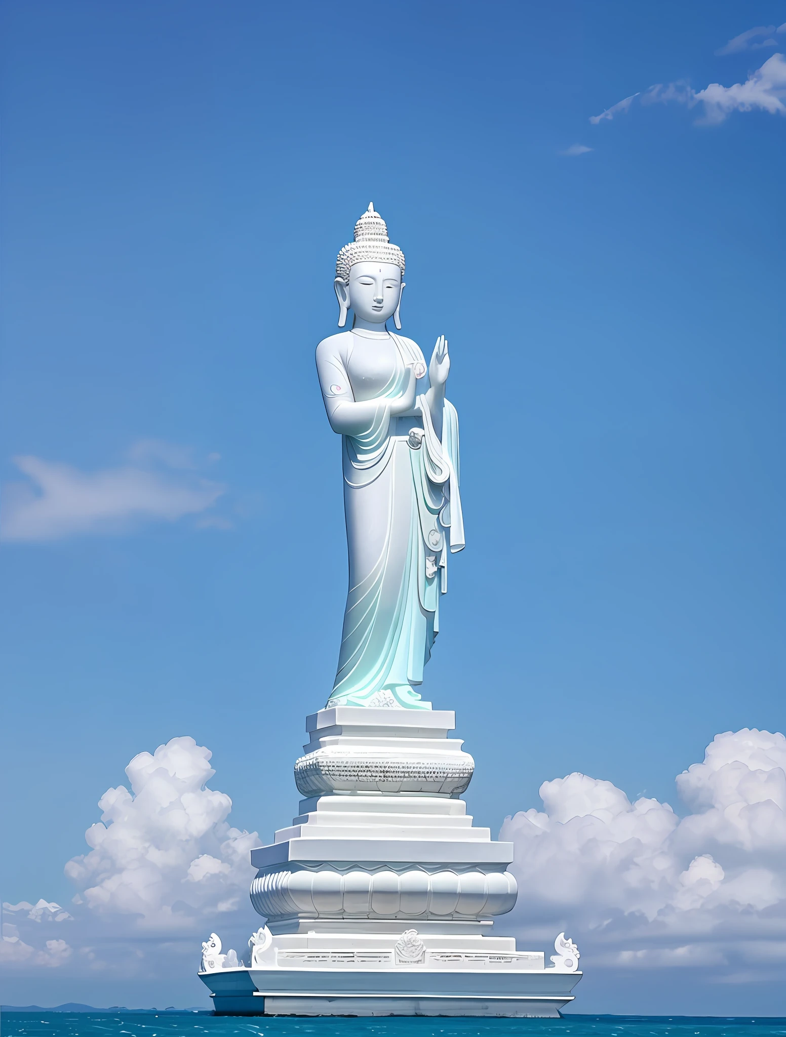 Guanyin Bodhisattva in the South China Sea, huge white statue, white marble, intricate Buddhist motifs, marble background is the sky, colorful clouds, Buddha light, golden light