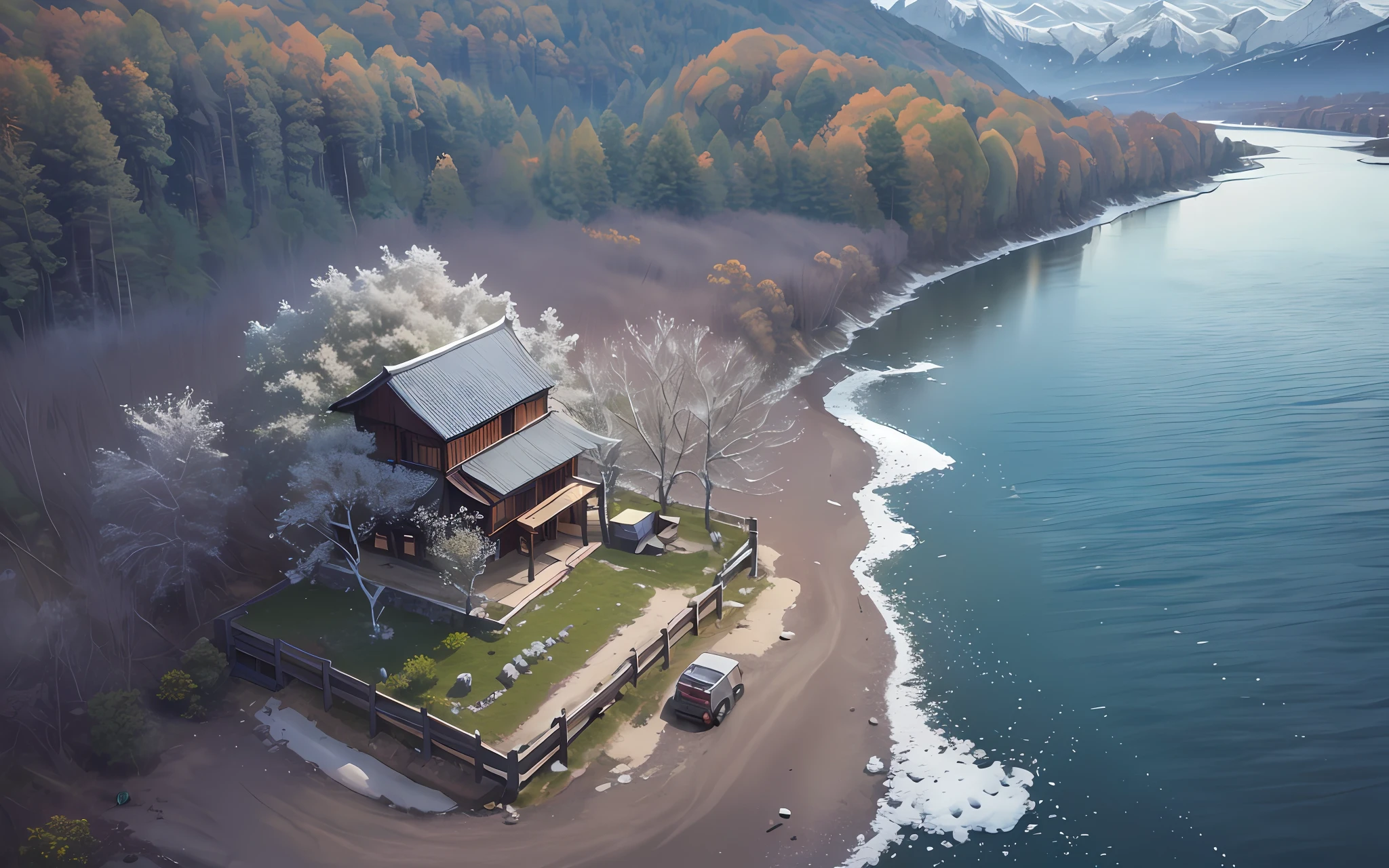 Looking down at the shot, in summer, there is a small wooden boat nearby, the river is very clear, the shore is green willows, green grasslands, and (sea of flowers: 1.3). The vista is a small village in ancient China with more than 10 cabins, surrounded by forests and connected to the river by a small gravel road, looming in the morning mist. From the riverside to the village, behind the village are many low hills that stretch to the skyline, (rolling snow-capped mountains in the distance:1.8), blue sky in the distance, one of which is particularly high. Wait for it to start