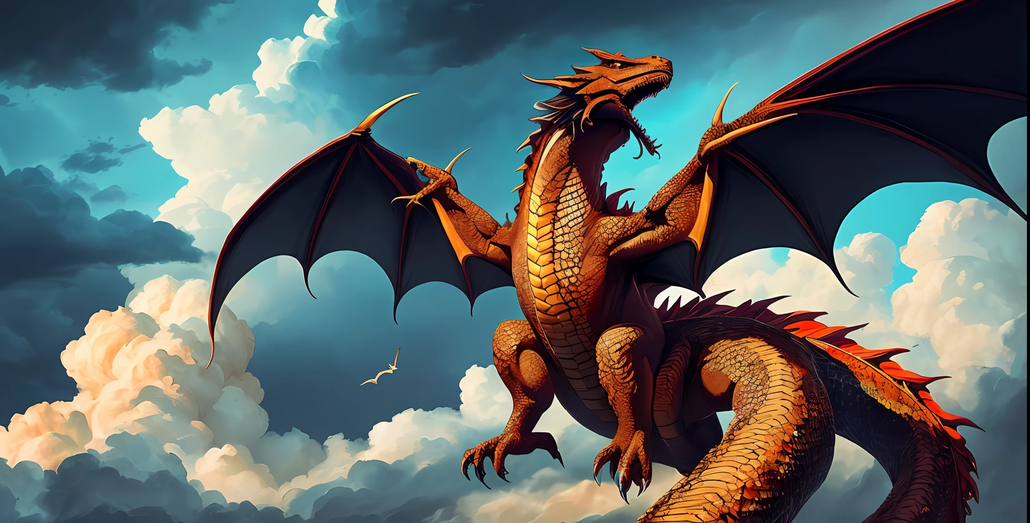 An incredibly detailed dragon takes center stage, its strong and shimmering red scales catching the eye. The dragon's form is meticulously rendered, showcasing its power and majesty. The illustrative style draws inspiration from the intricate and realistic works of Ciruelo Cabral, known for his breathtaking dragon illustrations. The color palette juxtaposes the fiery red scales against a cloudy sky, creating a sense of dramatic contrast. The camera angle captures the dragon in a dynamic pose, soaring through the turbulent skies, evoking a sense of awe and wonder.