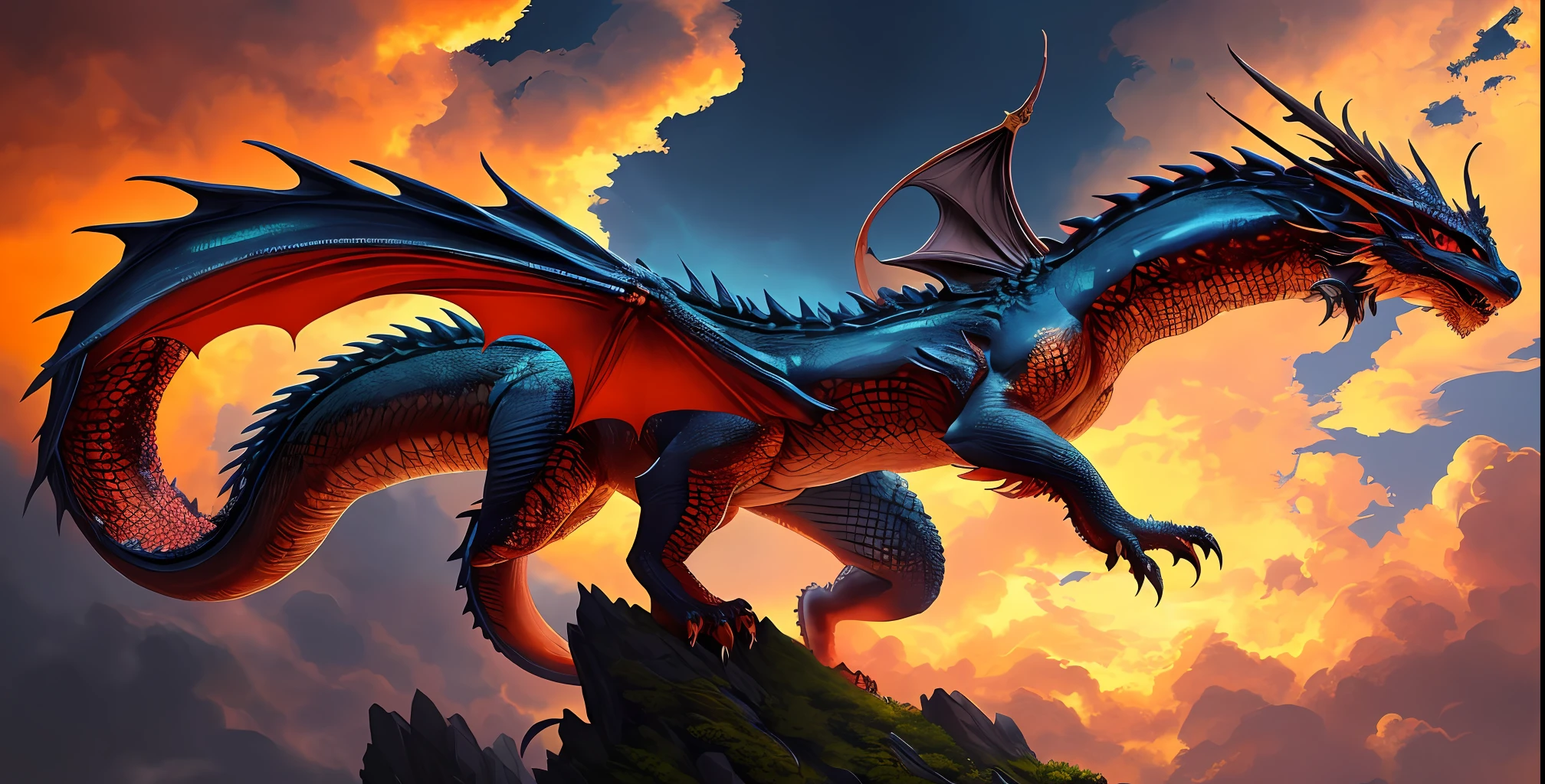 An incredibly detailed dragon takes center stage, its strong and shimmering red scales catching the eye. The dragon's form is meticulously rendered, showcasing its power and majesty. The illustrative style draws inspiration from the intricate and realistic works of Ciruelo Cabral, known for his breathtaking dragon illustrations. The color palette juxtaposes the fiery red scales against a cloudy sky, creating a sense of dramatic contrast. The camera angle captures the dragon in a dynamic pose, soaring through the turbulent skies, evoking a sense of awe and wonder.