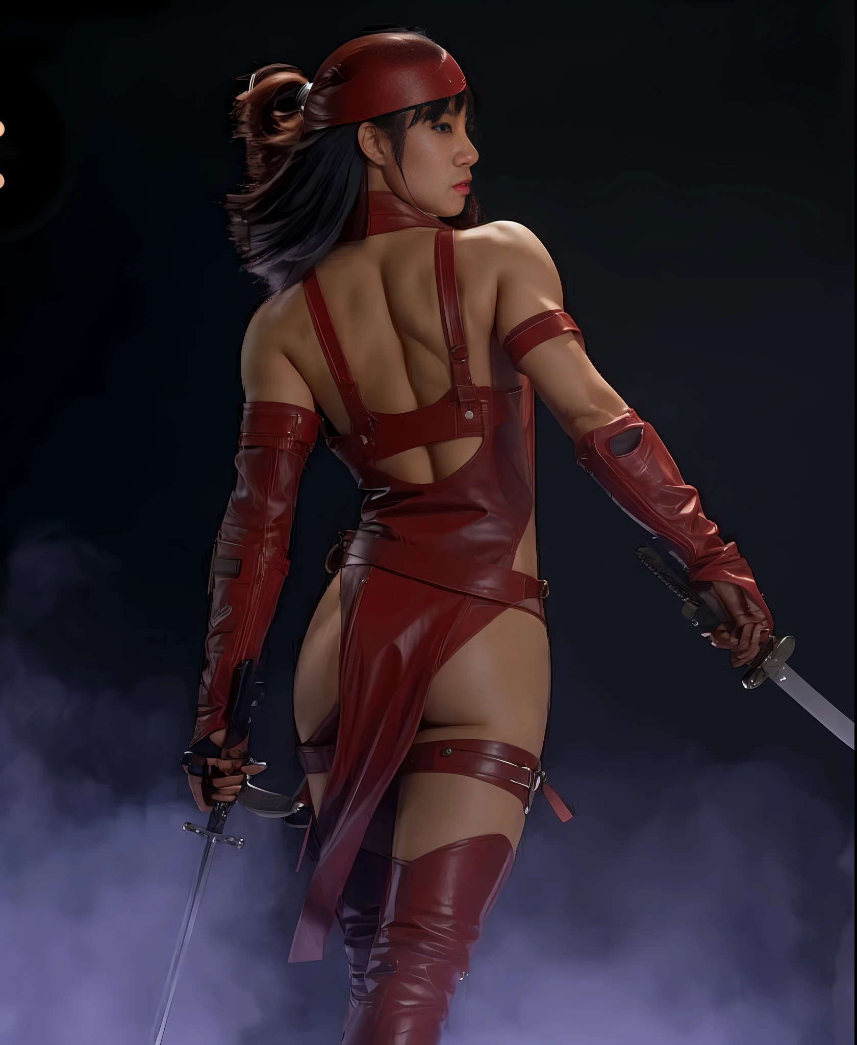 Japanese woman, long hair, leather suit, muscular body, holding sword.