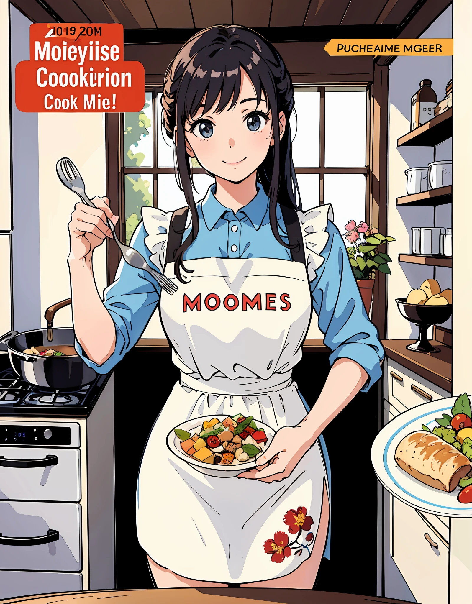 (Best Quality, Masterpiece), Women's Cooking Magazine Cover, 1girl, 20 years old, stunning, cute, warm smile, hourglass figure, floral dress, apron, food, text, chart, advertising, magazine title