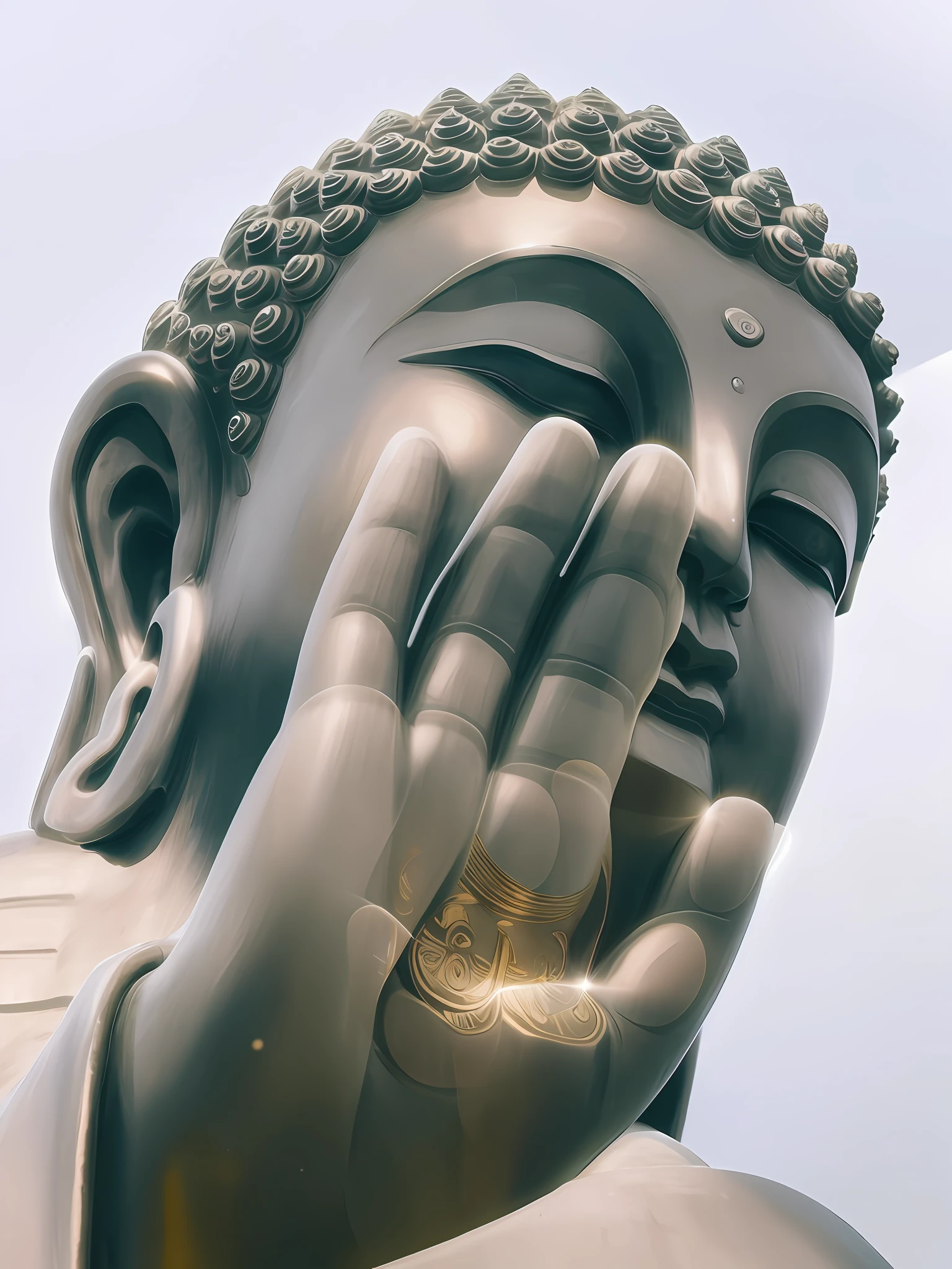 Close-up, huge Buddha avatar, Buddha light shining, golden light