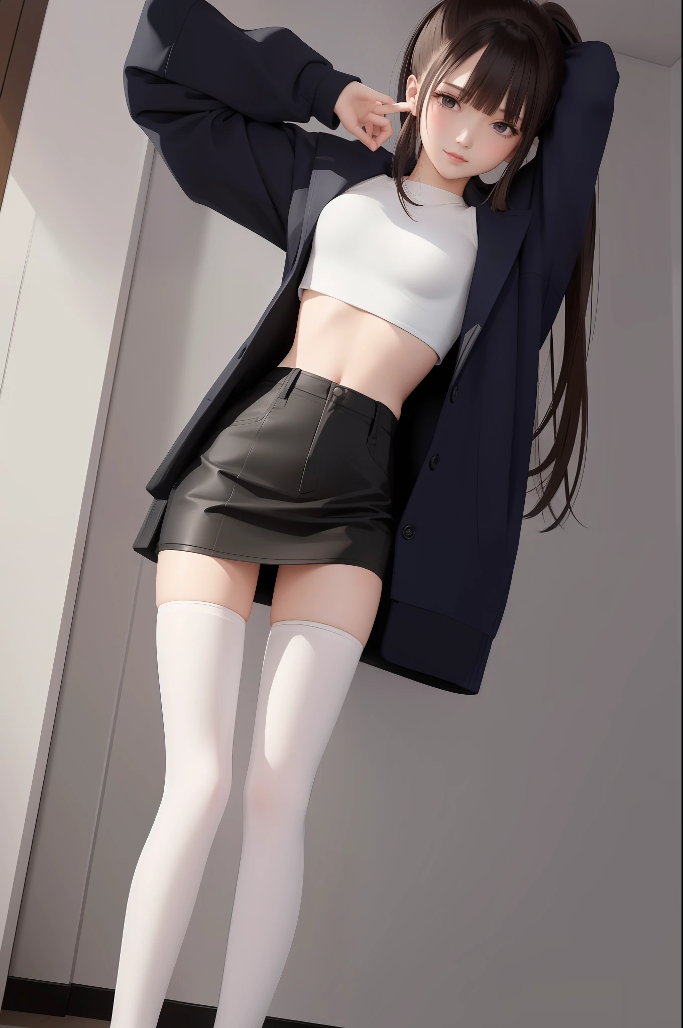 (Best Quality, Masterpiece: 1.1), (Realisticity: 1.6), 1girl, Full Body, Crop Top, Double Ponytail, Pantyhose, No Panties, Exposed Breasts,