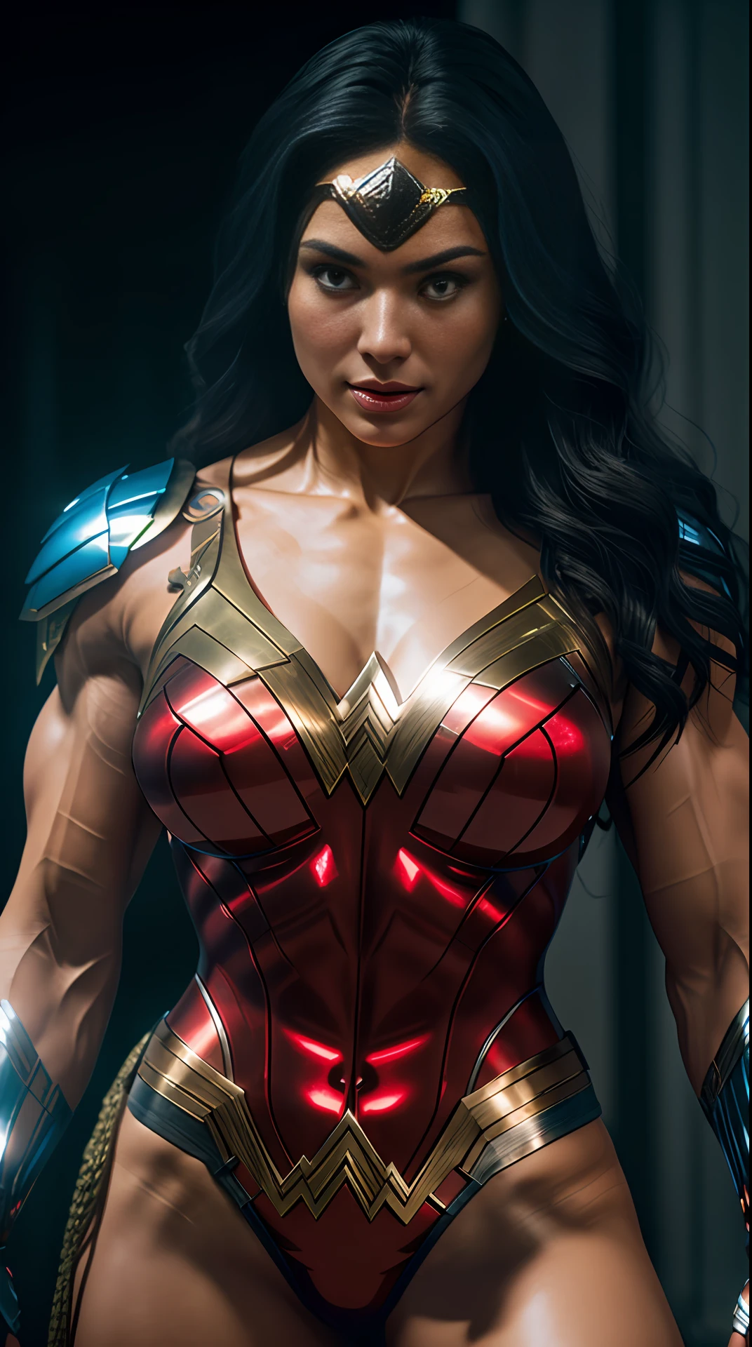 Cinematic soft lighting illuminates a stunningly detailed and ultra-realistic Wonder Woman bodybuilder, muscular, super strong, red and blue armor, that is trending on ArtStation. Octane is the perfect tool to capture the softest details of this 16k photography masterpiece