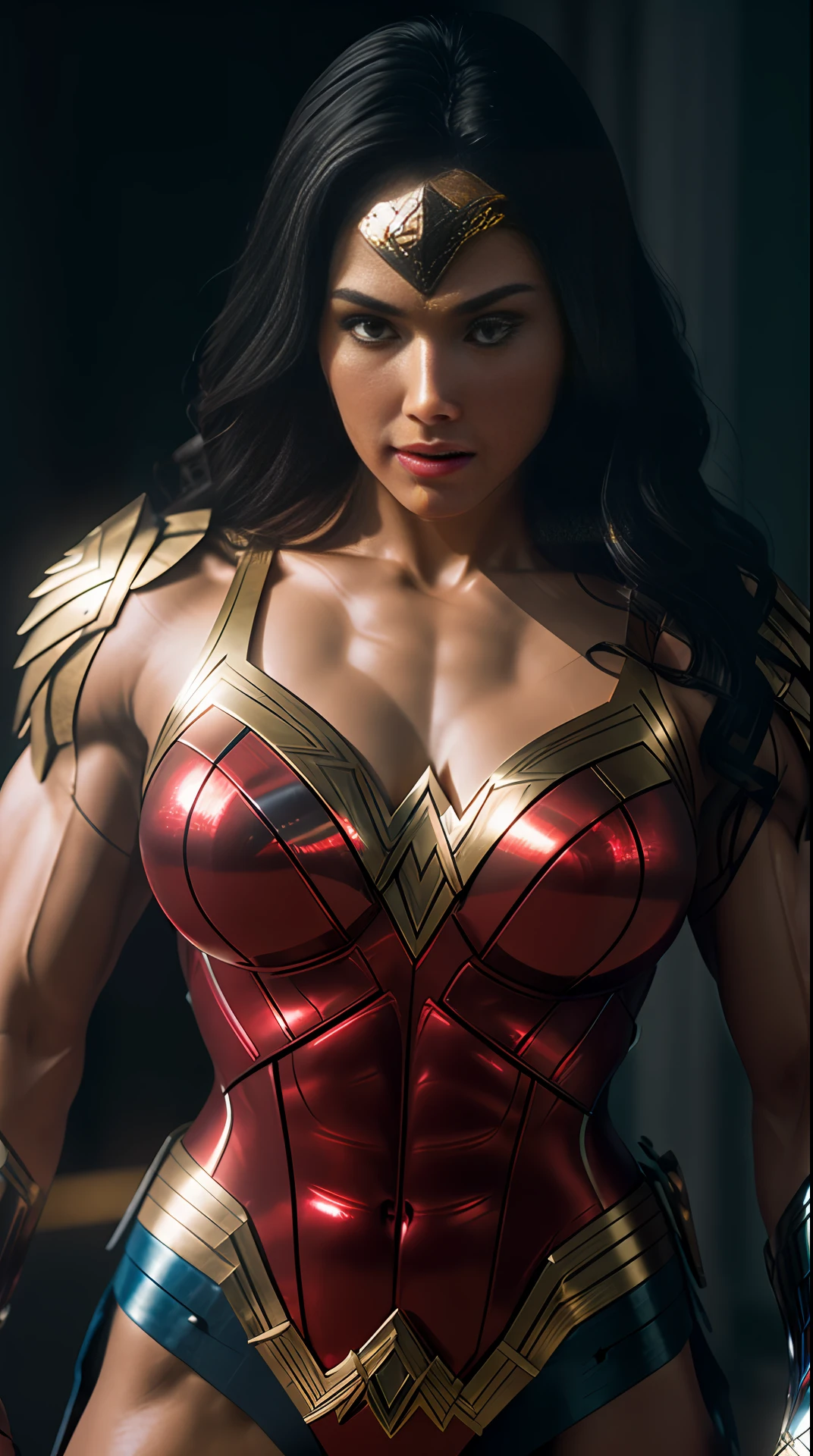 Cinematic soft lighting illuminates a stunningly detailed and ultra-realistic Wonder Woman bodybuilder, muscular, super strong, red and blue armor, that is trending on ArtStation. Octane is the perfect tool to capture the softest details of this 16k photography masterpiece