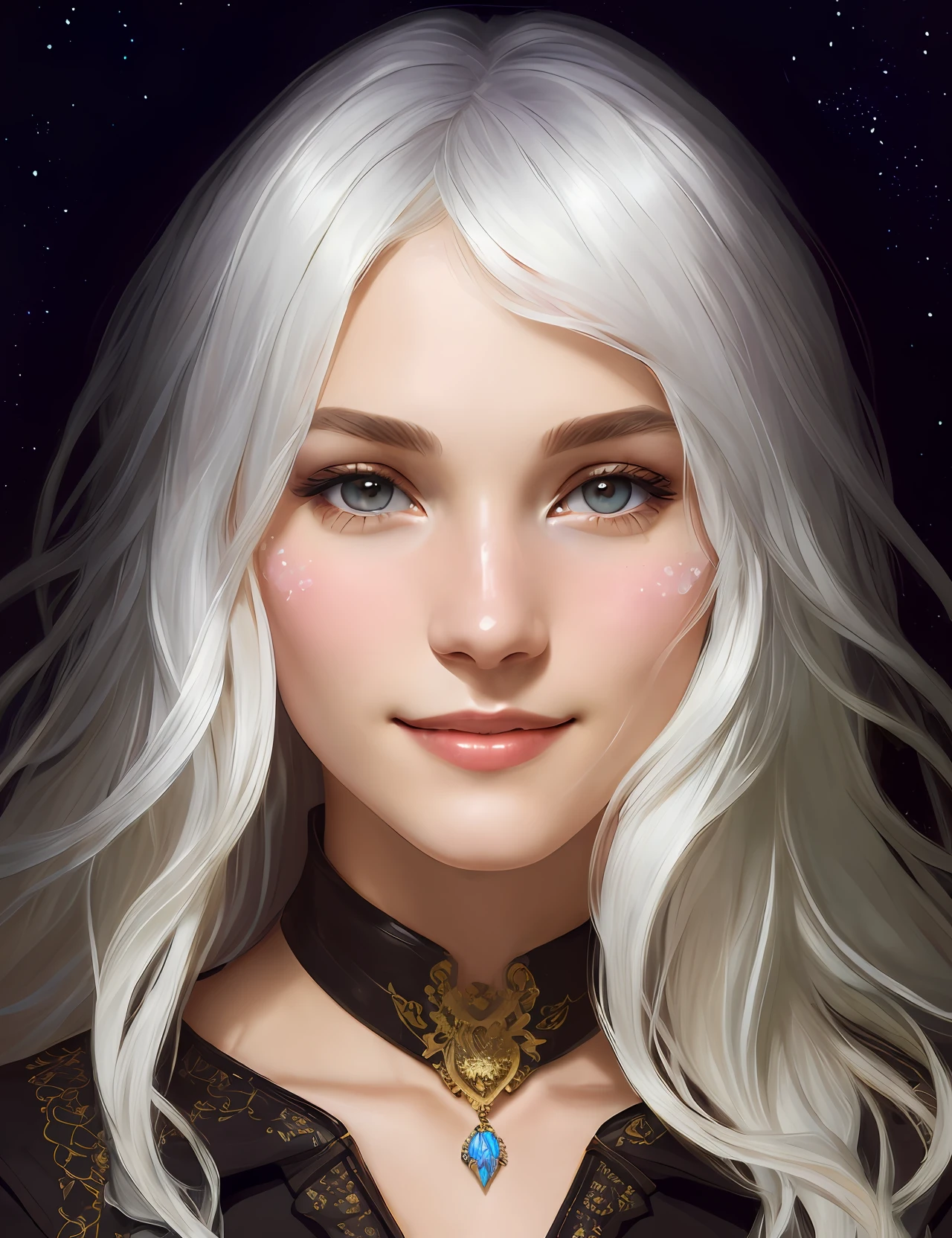 (front focus), (in the dark:1.6), Hyperrealistic portrait of female by David Hockney and Alphonse Mucha, fantasy art, realistic photo, dynamic lighting, artstation, poster, volumetric lighting, very detailed faces, 4 K, award-winning, 1girl, in the dark, deep shadow, discreet, cowboy shot, (official outfit:1.4), long hair, white hair, smile, ultra detailed skin,