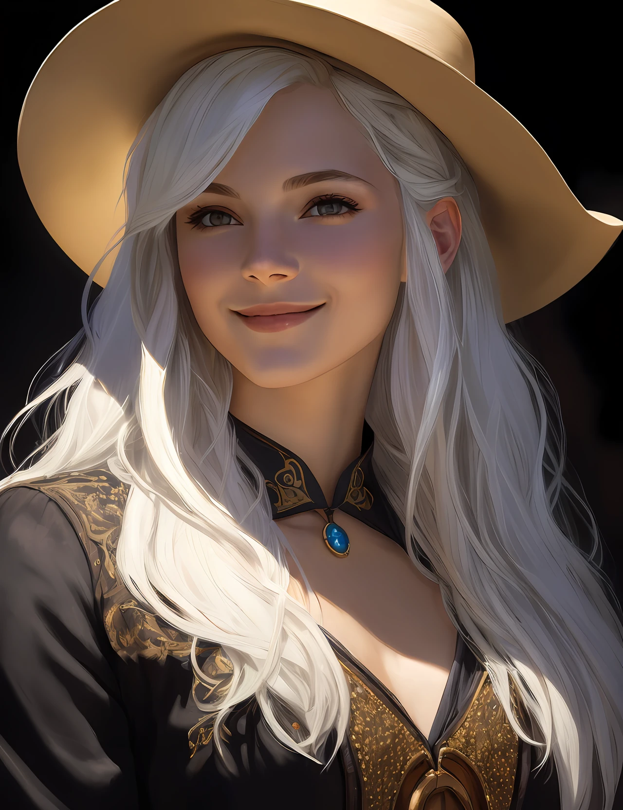 (front focus), (in the dark:1.6), Hyperrealistic portrait of female by David Hockney and Alphonse Mucha, fantasy art, realistic photo, dynamic lighting, artstation, poster, volumetric lighting, very detailed faces, 4 K, award-winning, 1girl, in the dark, deep shadow, discreet, cowboy shot, (official outfit:1.4), long hair, white hair, smile, ultra detailed skin,