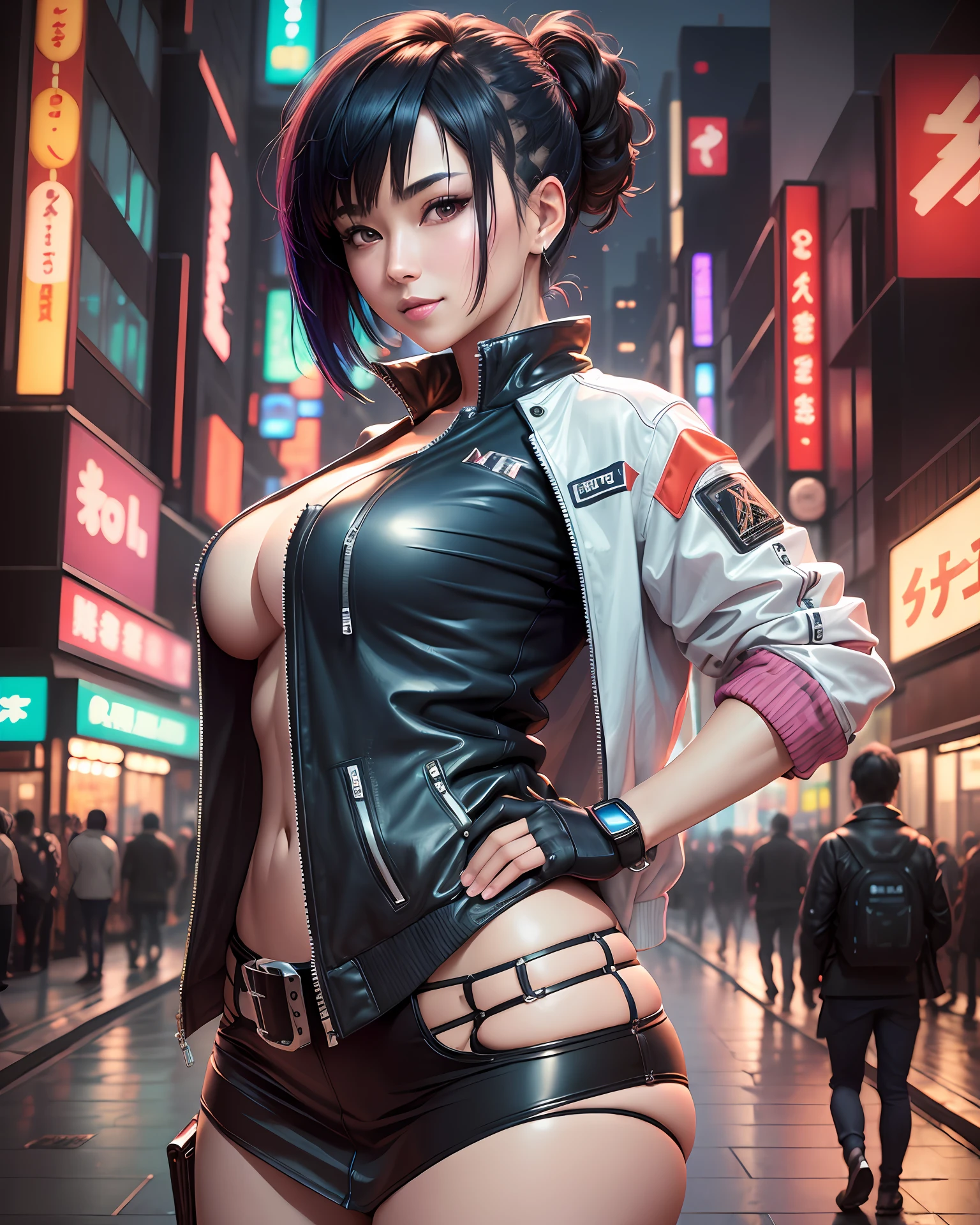 ((masterpiece)), ((high details)), ((high detail face)), intricate detail, depth of field, backlighting, award winning, (high quality), (best quality), 8k, Motoko Kusanagi, mature female, (inverted bob hair:1.3), (smile), (medium breast), short dark blue hair, ponytail, (cyberpunk jacket), white tanktop, black miniskirt, (thick bottom), outside, street, Tokyo, night, afternoon, dark, standing, looking at the viewer, neon lights, building lights