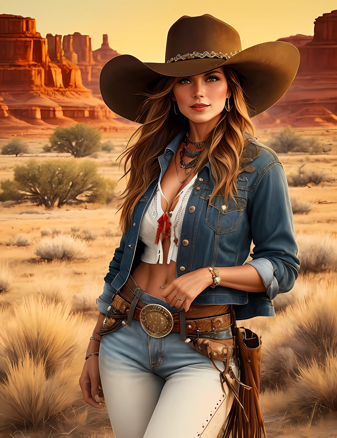 A beautiful woman exudes confidence as she dons a cowboy hat and dons stylish cowgirl attire. Her ensemble captures the essence of the Wild West with a touch of modern flair. The illustrative style draws inspiration from the bold and vibrant works of Charles Marion Russell, known for his Western art. The color palette combines earthy tones with pops of vivid colors, reflecting the rugged yet lively spirit of the cowboy culture. The camera angle captures the woman's strong and alluring presence, showcasing her as a modern-day cowgirl with a hint of nostalgia.