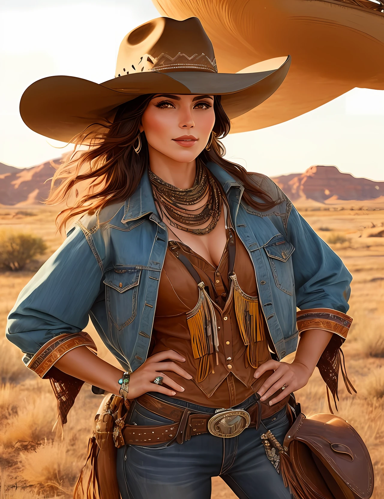 A beautiful woman exudes confidence as she dons a cowboy hat and dons stylish cowgirl attire. Her ensemble captures the essence of the Wild West with a touch of modern flair. The illustrative style draws inspiration from the bold and vibrant works of Charles Marion Russell, known for his Western art. The color palette combines earthy tones with pops of vivid colors, reflecting the rugged yet lively spirit of the cowboy culture. The camera angle captures the woman's strong and alluring presence, showcasing her as a modern-day cowgirl with a hint of nostalgia.