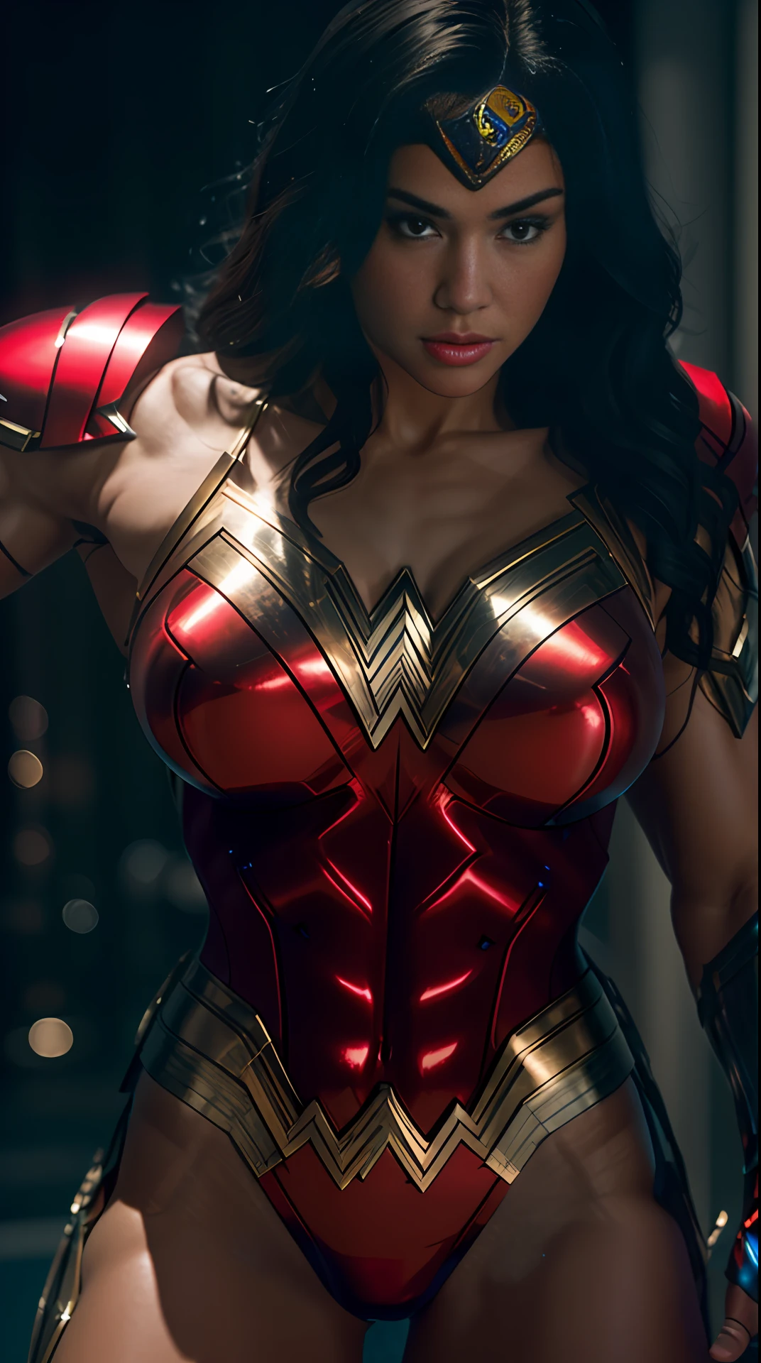 Cinematic soft lighting illuminates a stunningly detailed and ultra-realistic Wonder Woman bodybuilder, muscular, super strong, red and blue armor, that is trending on ArtStation. Octane is the perfect tool to capture the softest details of this 16k photography masterpiece