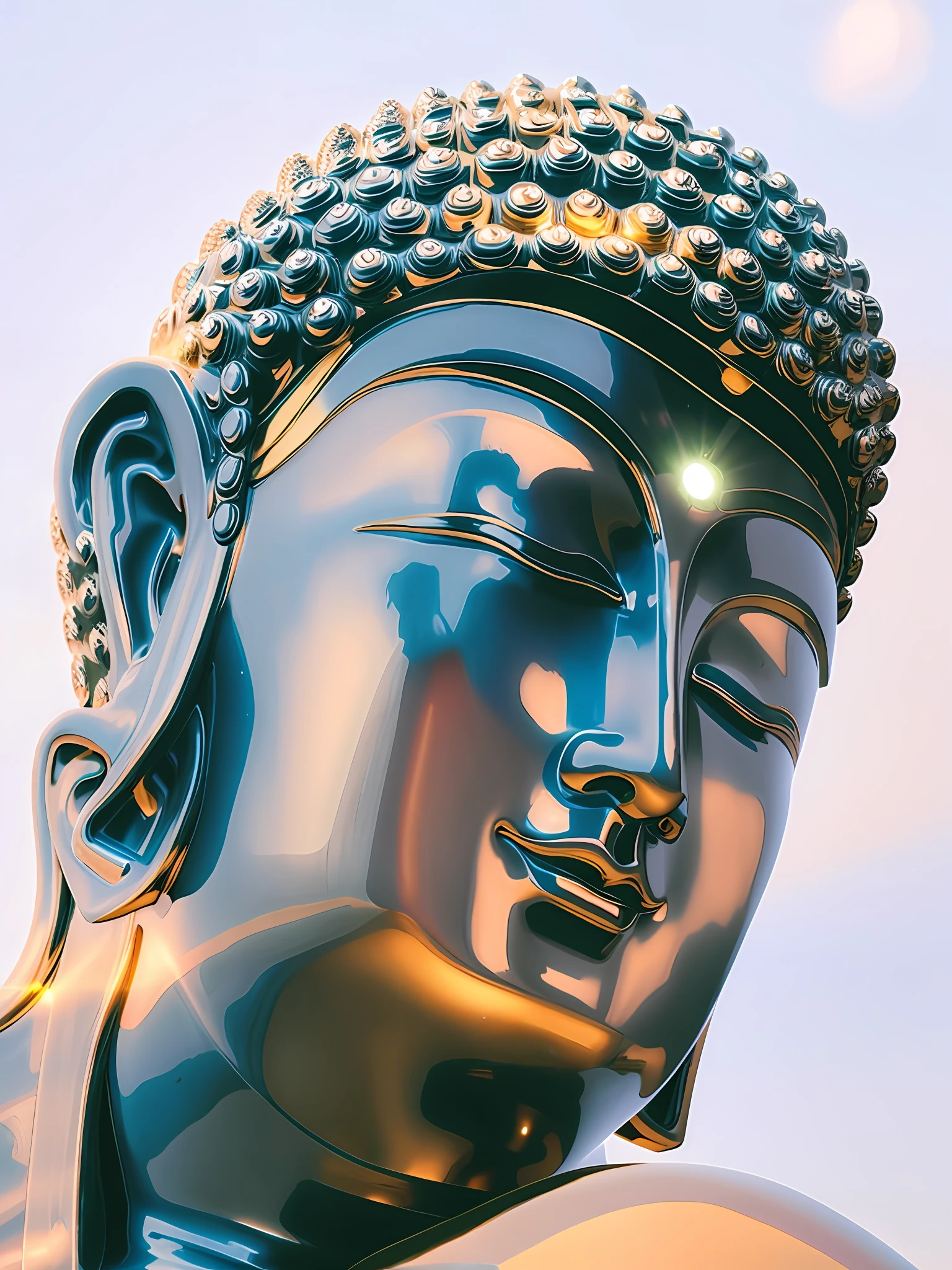 Close-up, huge Buddha avatar, Buddha light shining, golden light