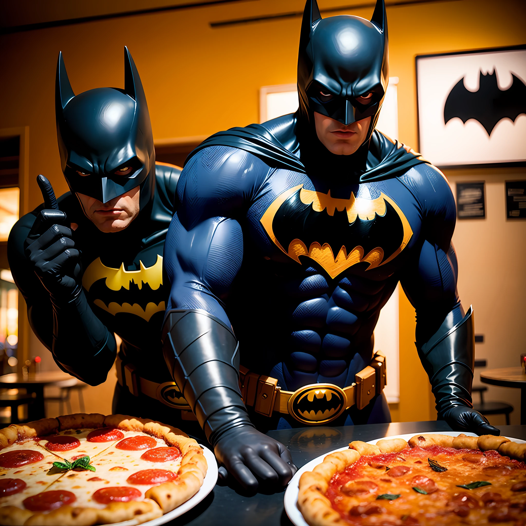 Super batman, in a pizzeria,